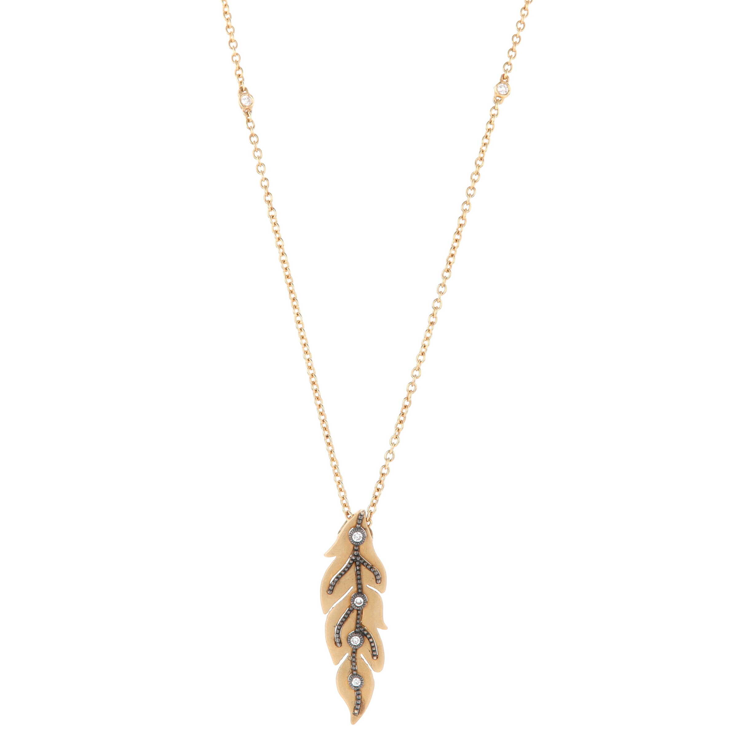 14k Yellow Gold & Black rhodium 0.10 Carat Diamond Station Leaf Pendant 16-18 Inch Necklace  