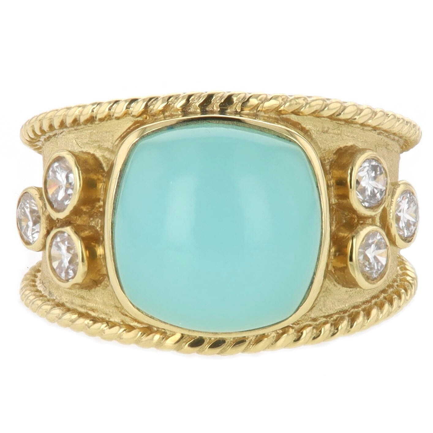 14k Yellow Gold Cushion Chalcedony and Bezel Set Diamond Rope Frame Ring, Raymond Mazza