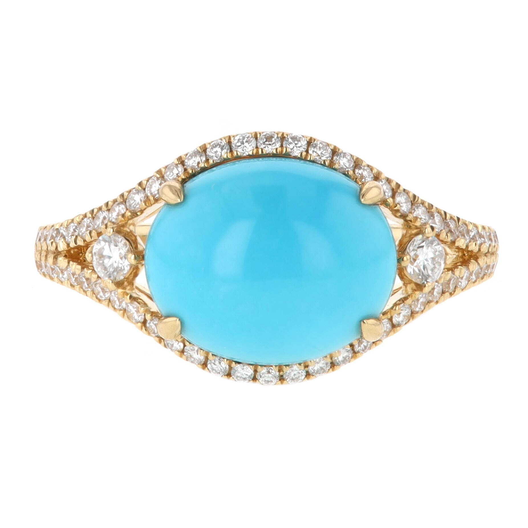 14k Yellow Gold Oval 3.14 Carat Turquoise & Diamond Accent Split Shank Ring 