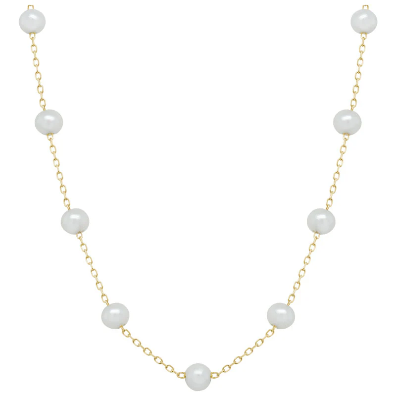 14k Yellow Gold Stationed 3.5-4 mm Pearl 16-17-18 Inch Necklace 