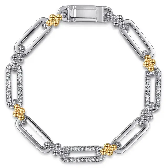 14k Yellow gold/Sterling Silver Bujukan White Sapphire Link Chain Bracelet, Designed by Gabriel & Co.