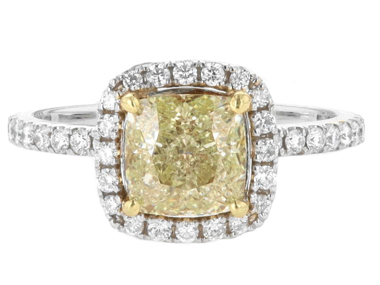 18k Two-Tone White & Yellow Gold 1.50 Carat Fancy Yellow Cushion Diamond Halo Eternity Engagement Ring  