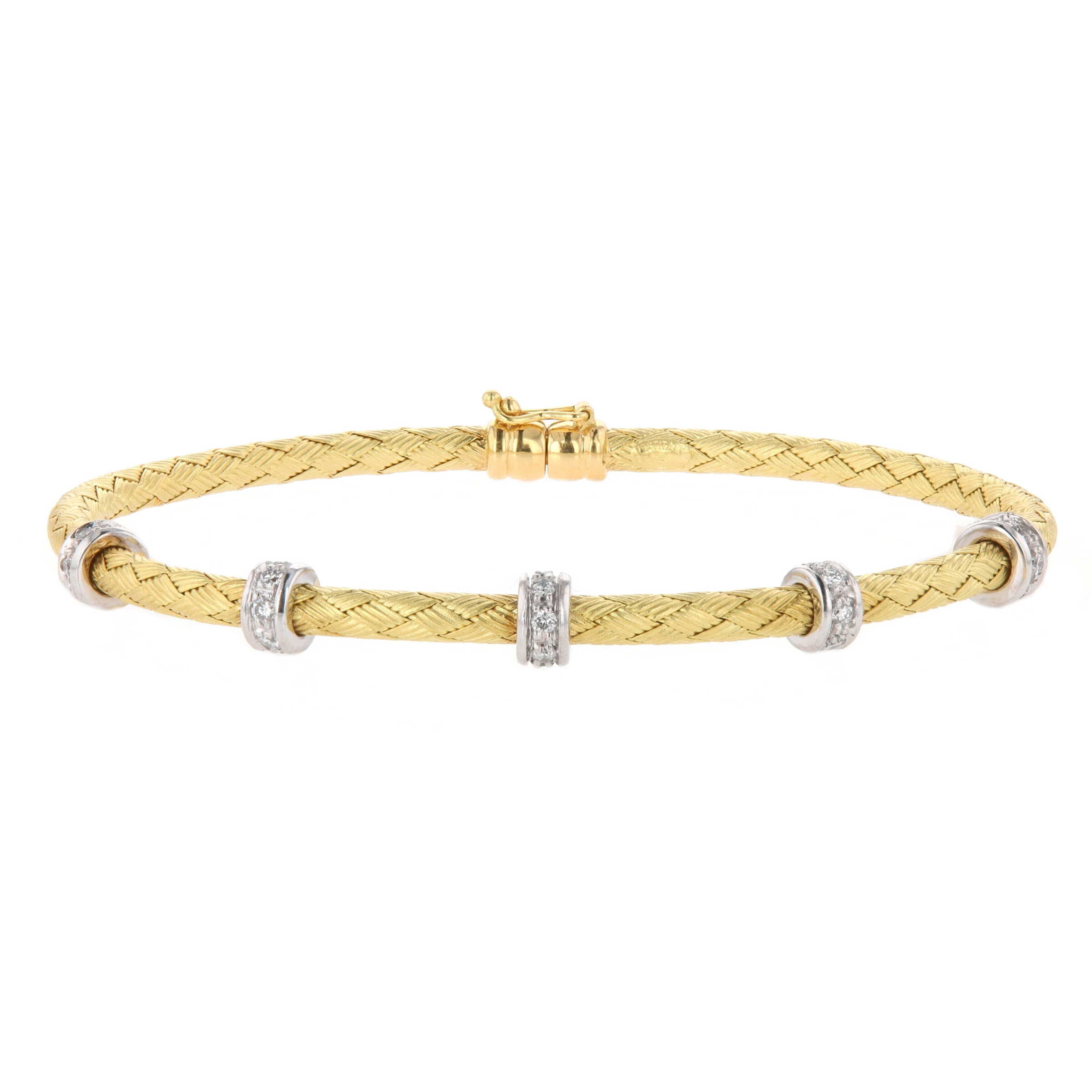 18k Two-Tone White & yellow Gold 0.33 Carat Diamond Braided Stationed Bangle Bracelet