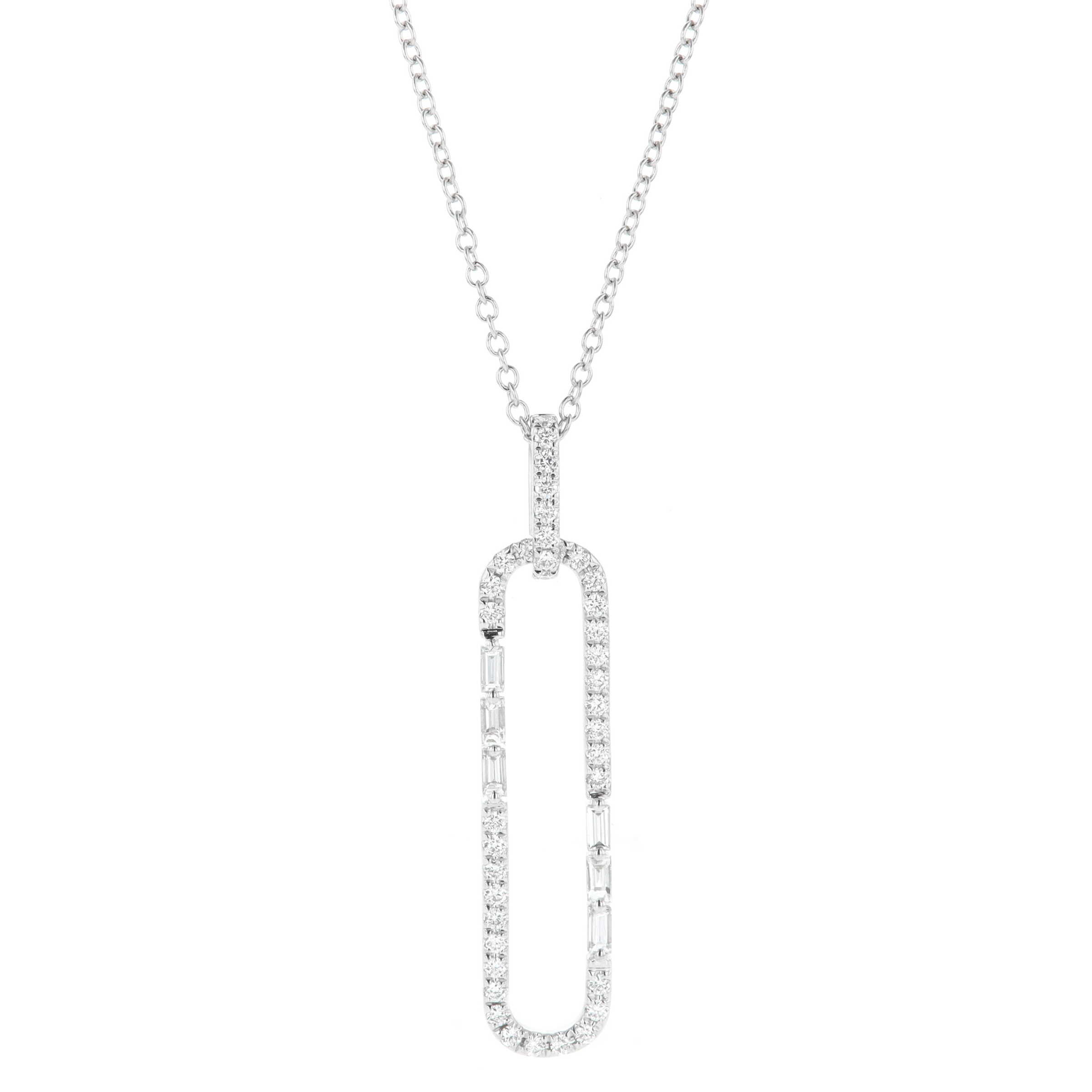 18k White Gold 0.55 Carat Baguette & Round Diamond Paperclip Pendant 16-18 Inch Necklace