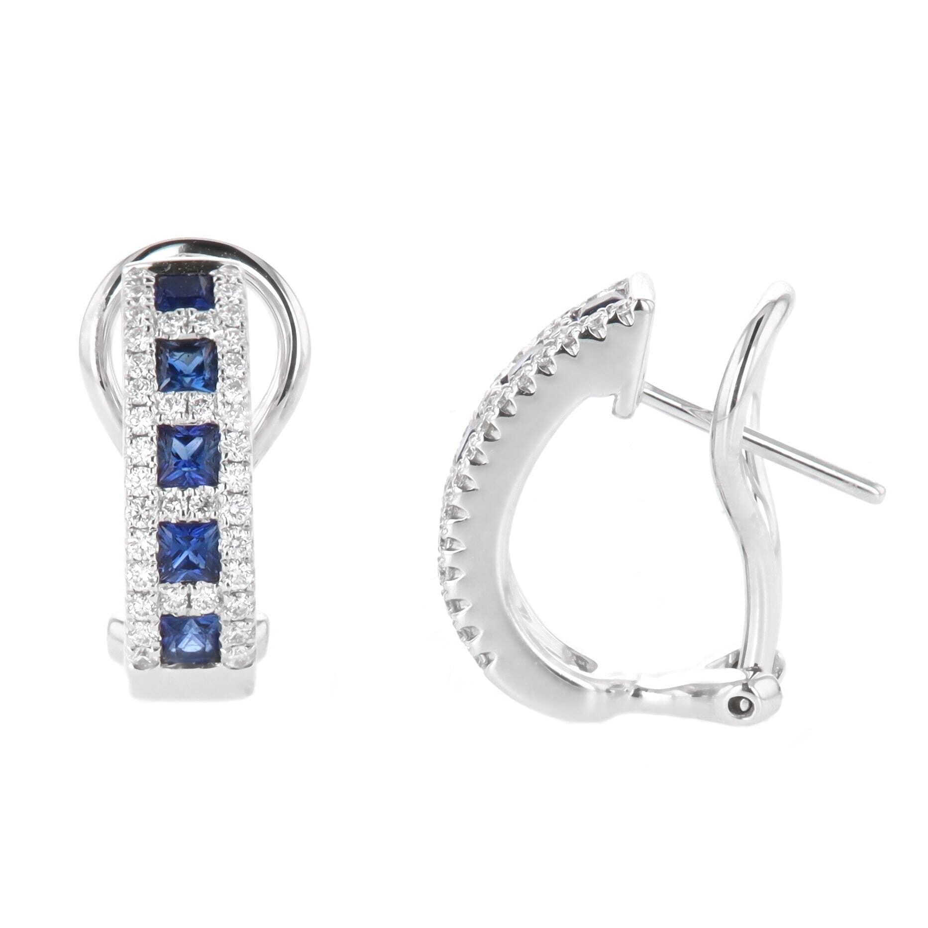 18k White Gold 0.66 Carat Princess Cut Sapphire & Diamond Omega Back Half Hoop Earring