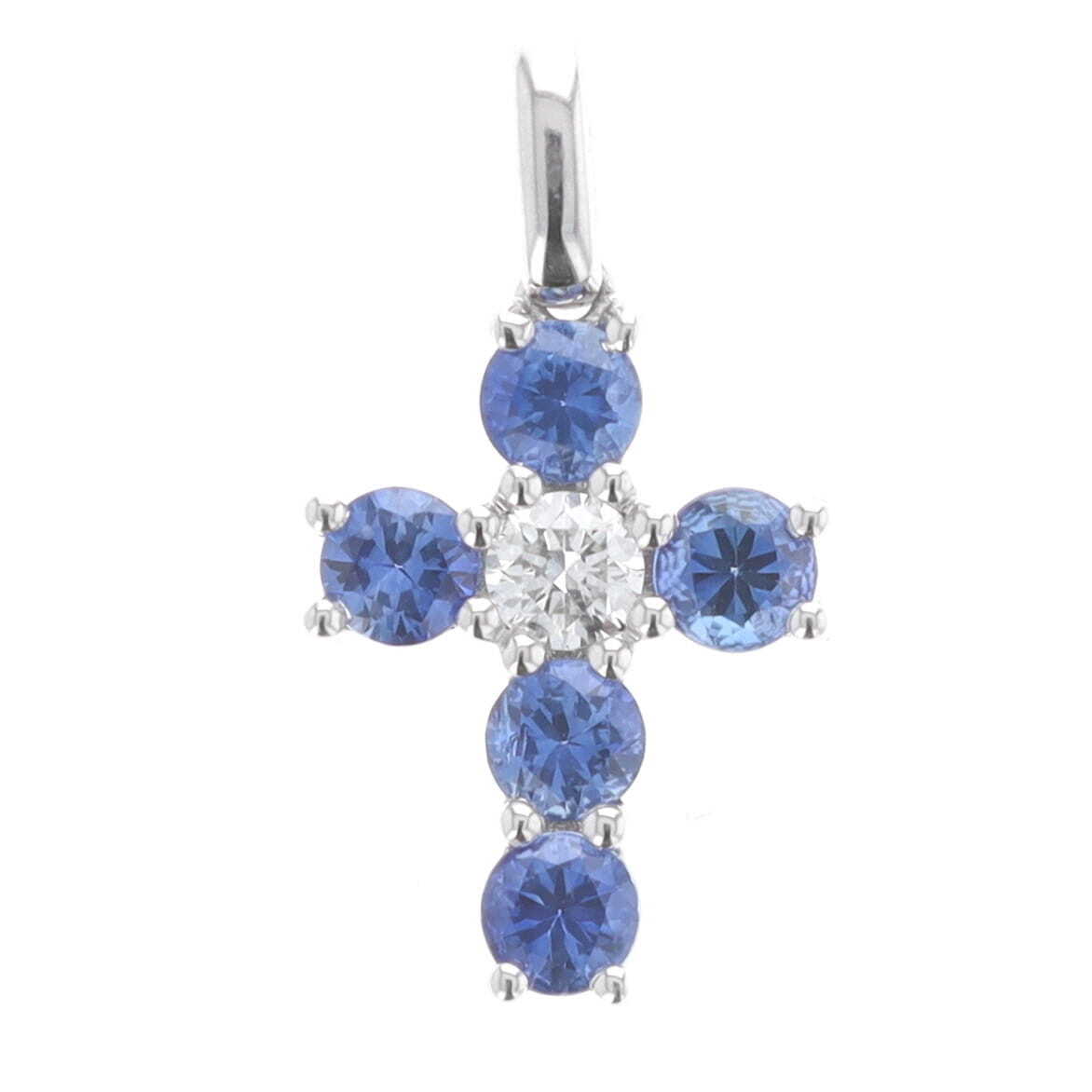 18k White Gold 0.69 Carat Round Sapphire & Round Diamond Alternating Small Cross Pendant 