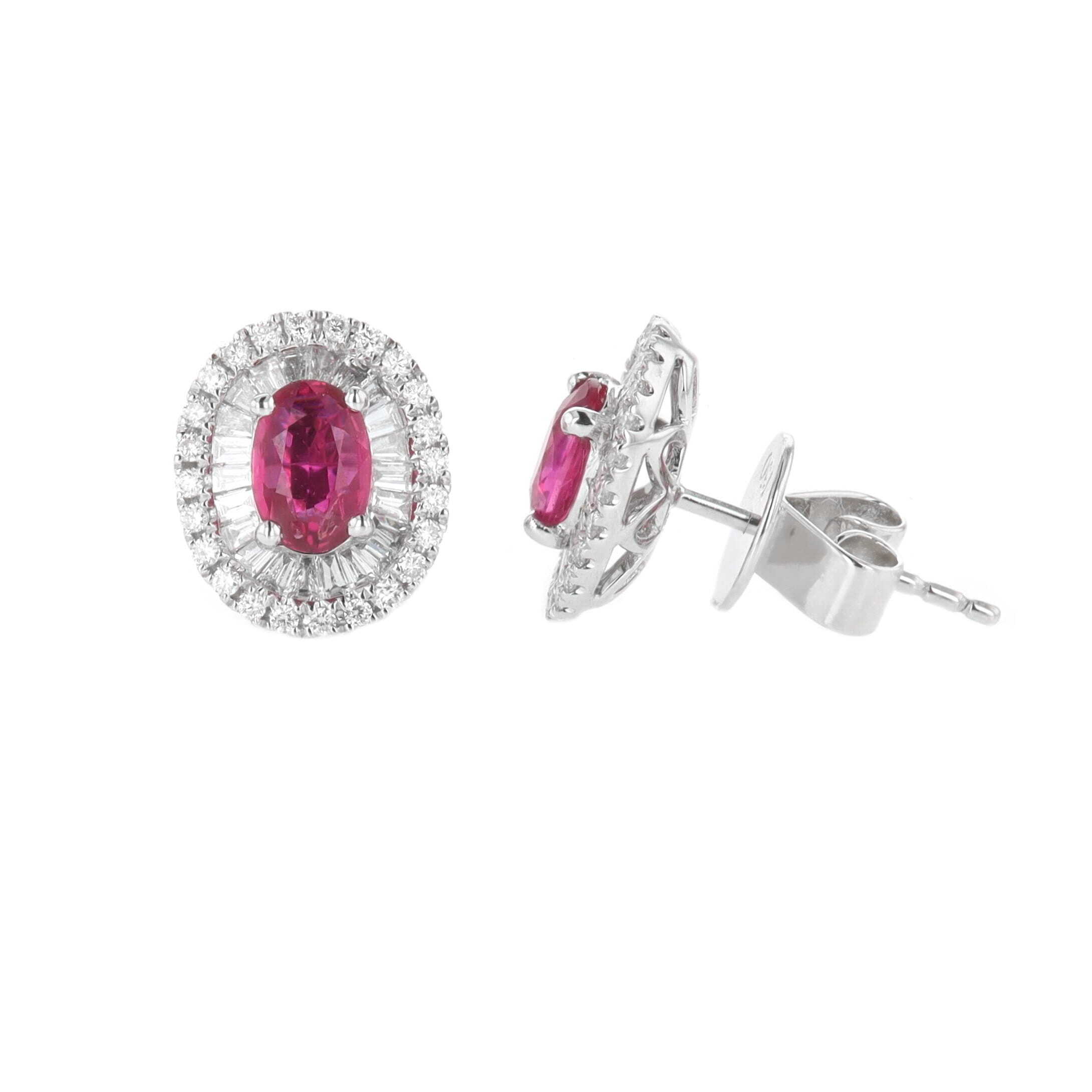 18k White Gold 0.95 Carat Oval Ruby, Baguette & Round Diamond Double Halo Stud Earrings 