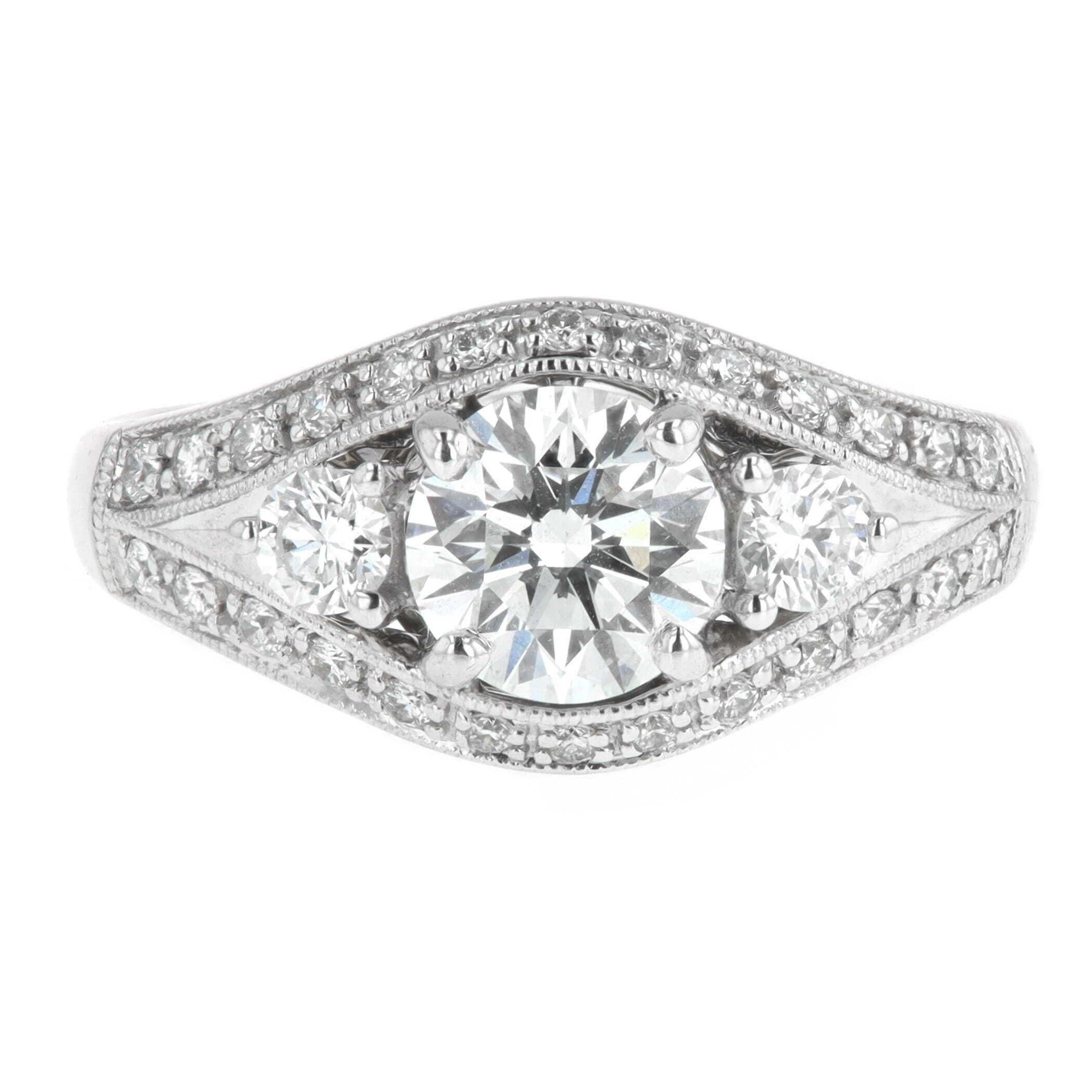 18k White Gold 1.02 Carat Center Diamond Three Stone Accent Milgrain Split Shank Engagement Ring 