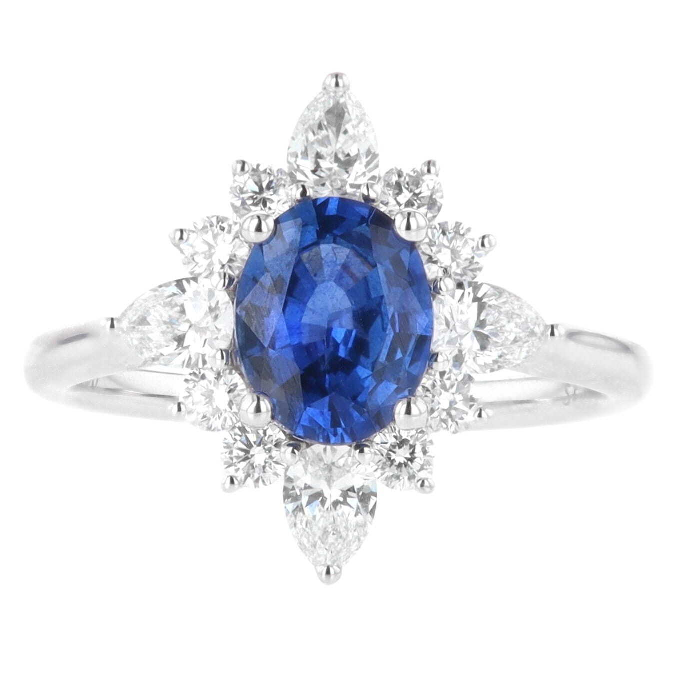 18k White Gold 1.36 Carat Oval Sapphire, Pear & Round Diamond Starburst Halo Ring 