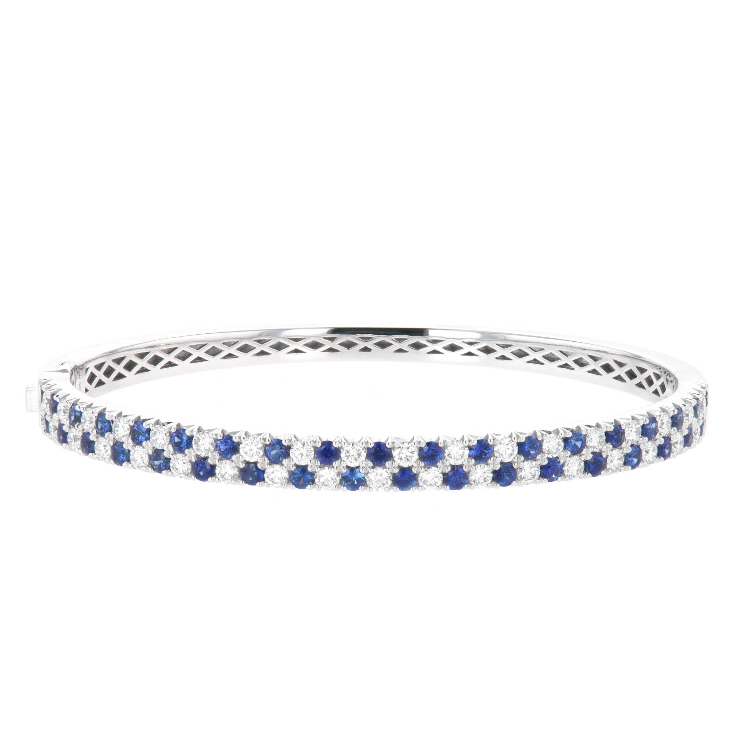 18k White Gold 2.22 Carat Round Sapphire & Diamond Alternating Double Row Bangle Bracelet 