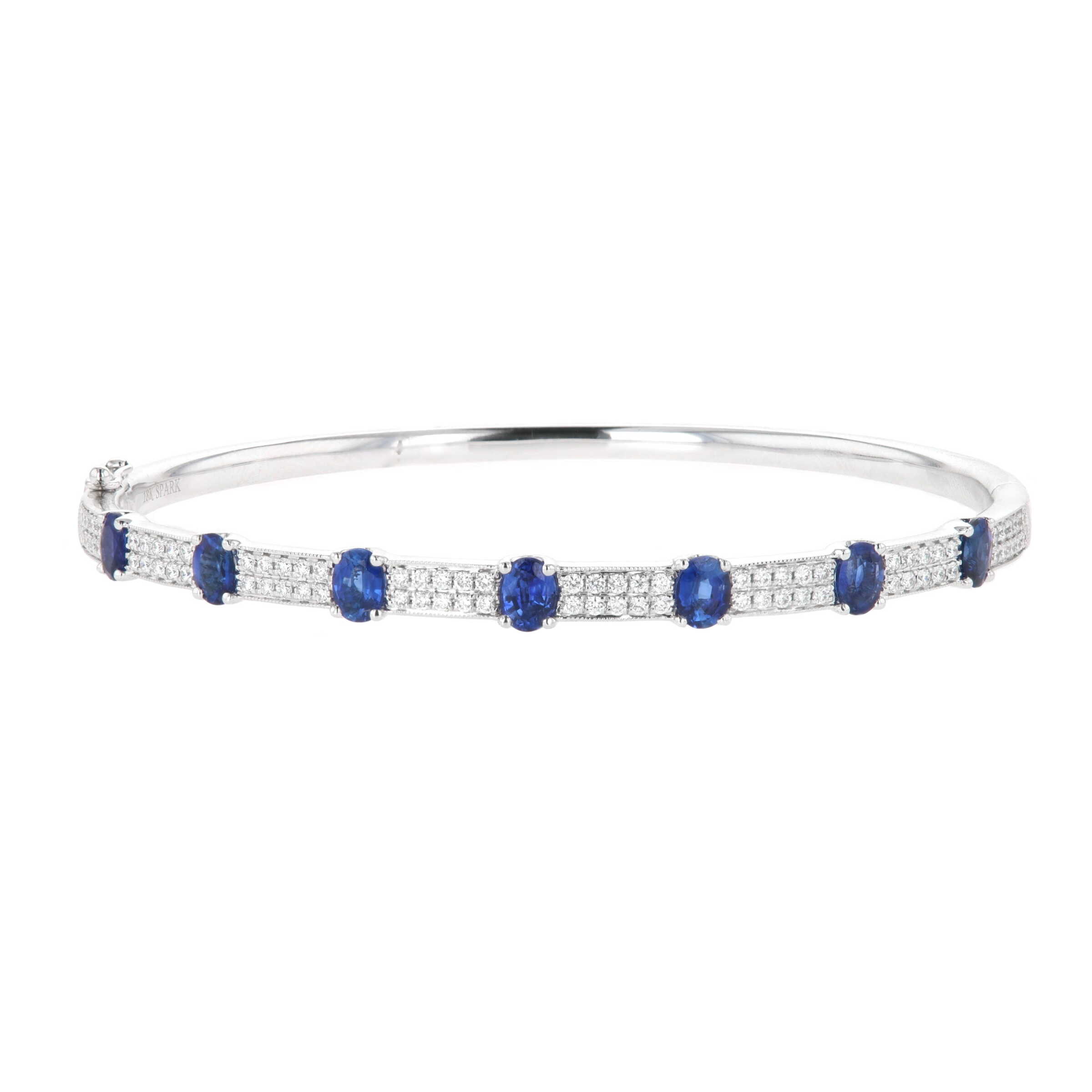 18k White Gold 2.45 Carat Oval Sapphire & Diamond Double Pave Row Bangle Bracelet 