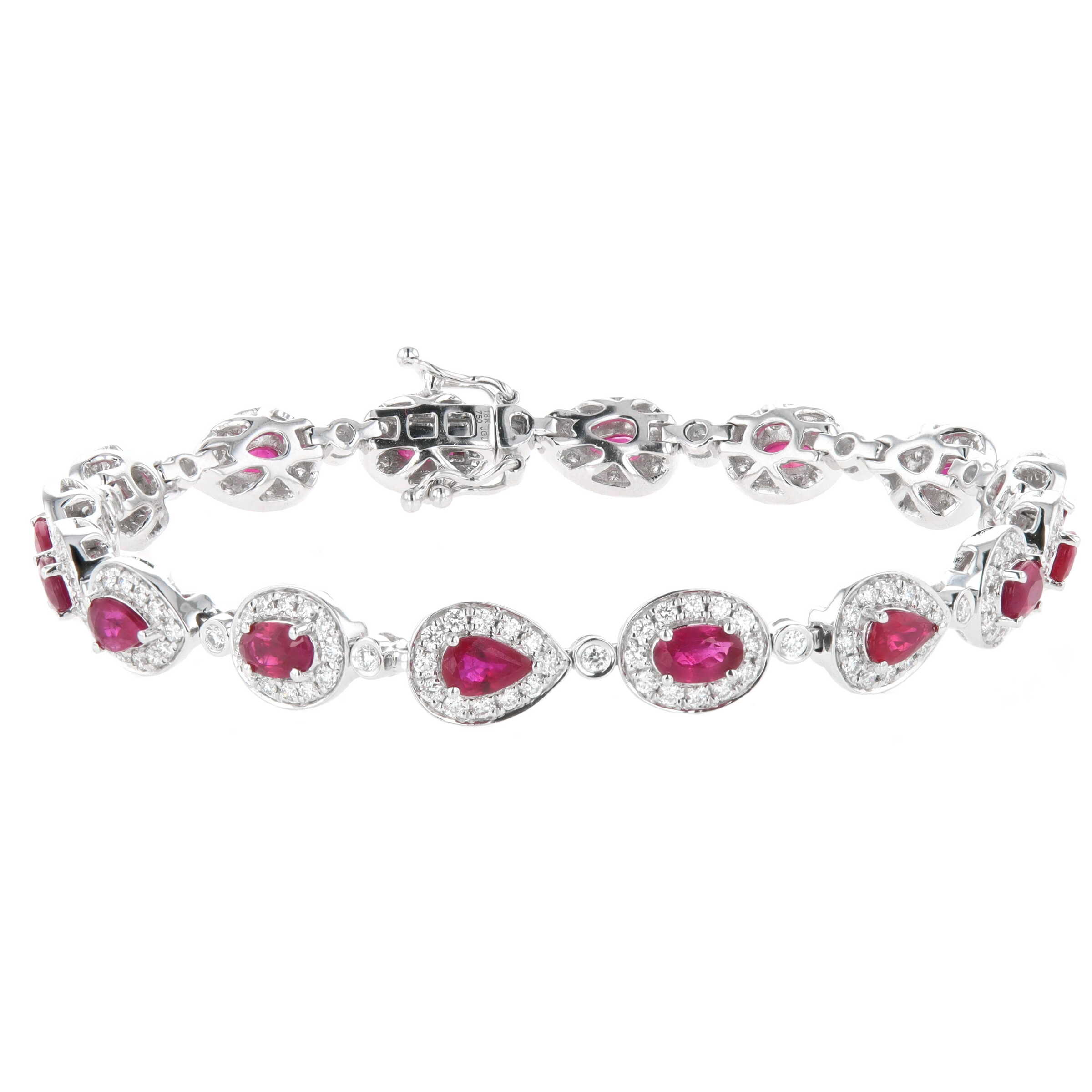 18k White Gold 4.21 Carat Oval & Pear Shape Ruby & Diamond Halo Seven Inch Bracelet