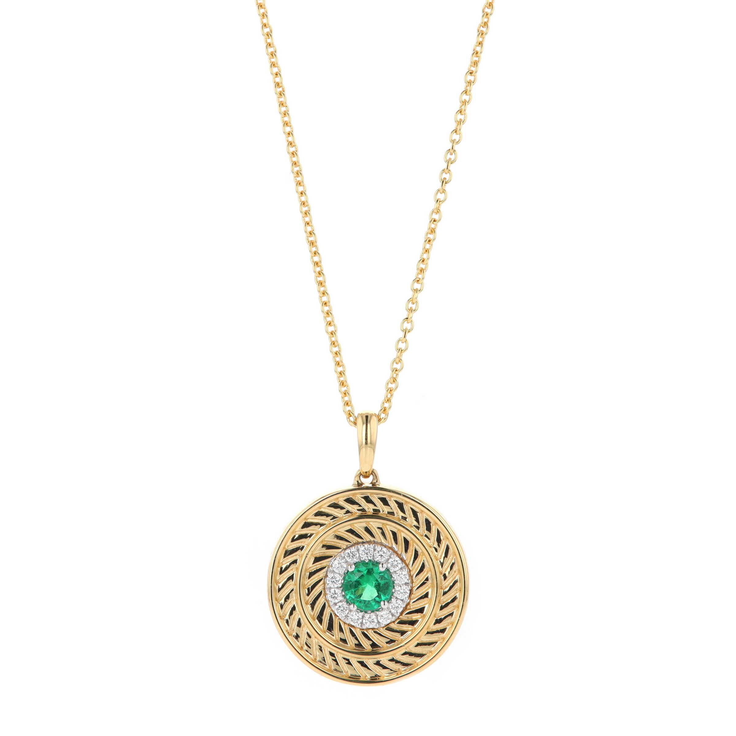18k Yellow Gold 0.24 Carat Emerald & Diamond Halo Spiral Disc Pendant Necklace 
