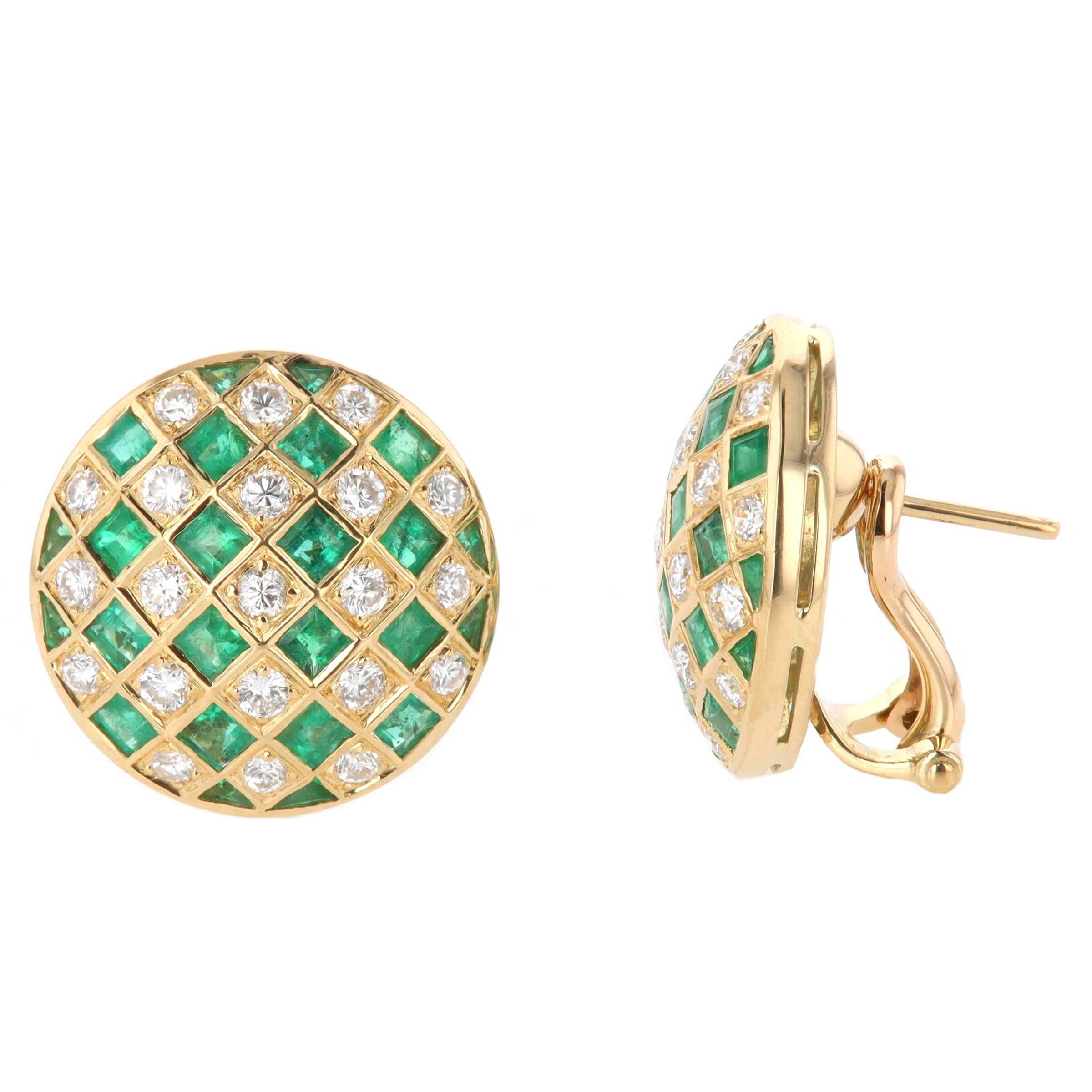 18k Yellow Gold 3.36 Carat Square & Trillion Cut Emerald & Diamond Checkerboard Round Stud Earrings, Estate  