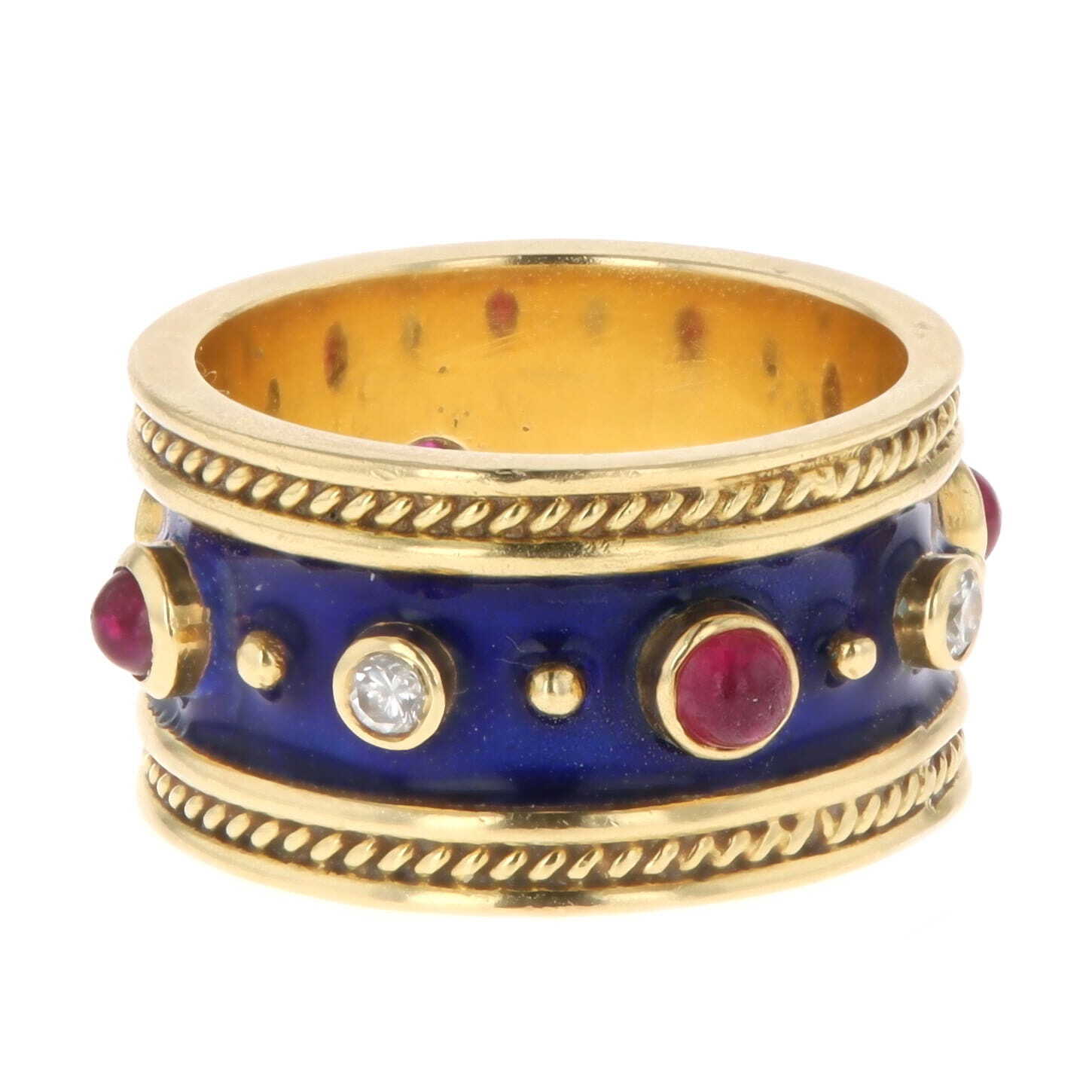 18k Yellow Gold Cabochon Ruby & Diamond Blue Enamel Rope Twist Edge Wide Band, Estate 