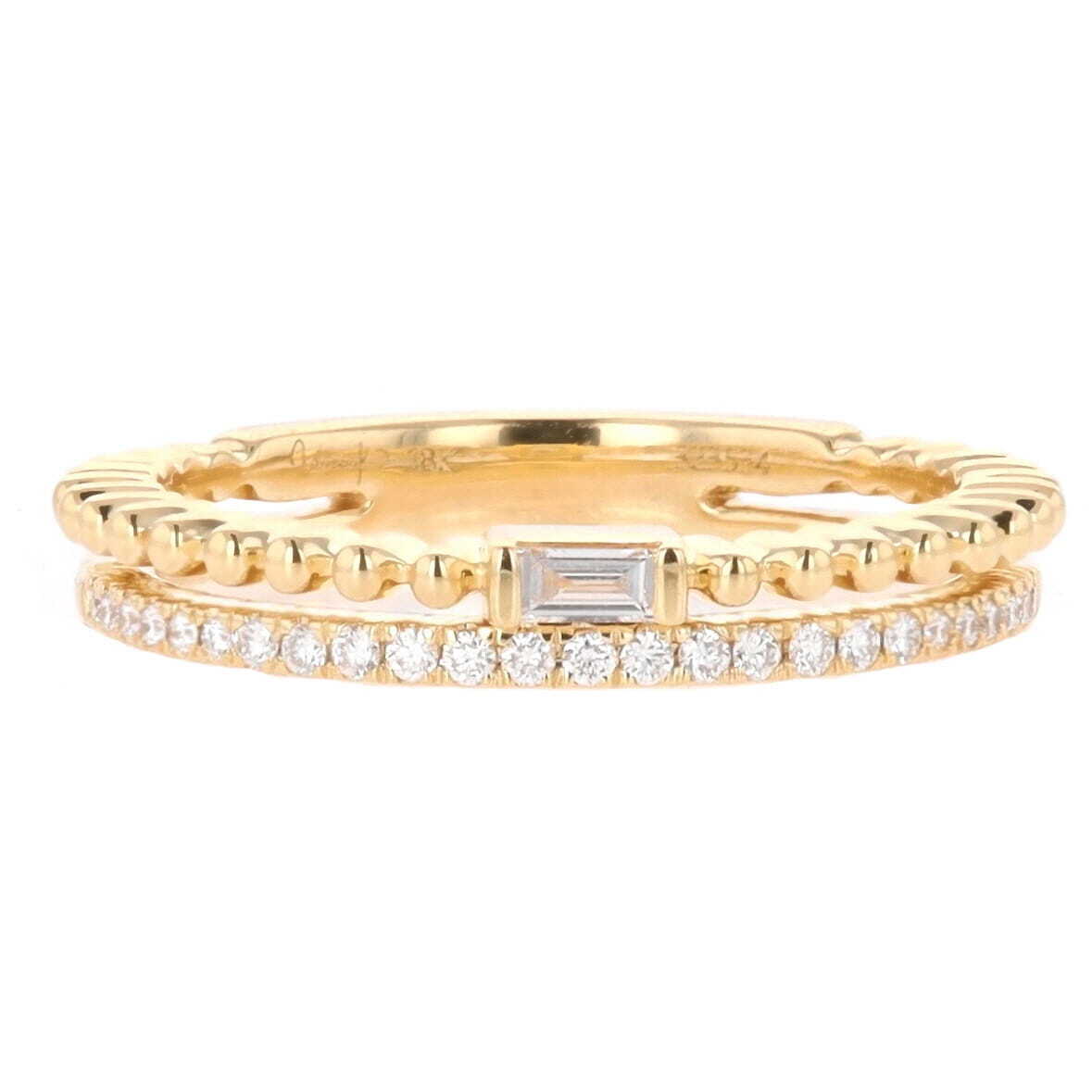 18k Yellow Gold Round & Baguette Cut Diamond Double Row Beaded Band Ring, Uneek 
