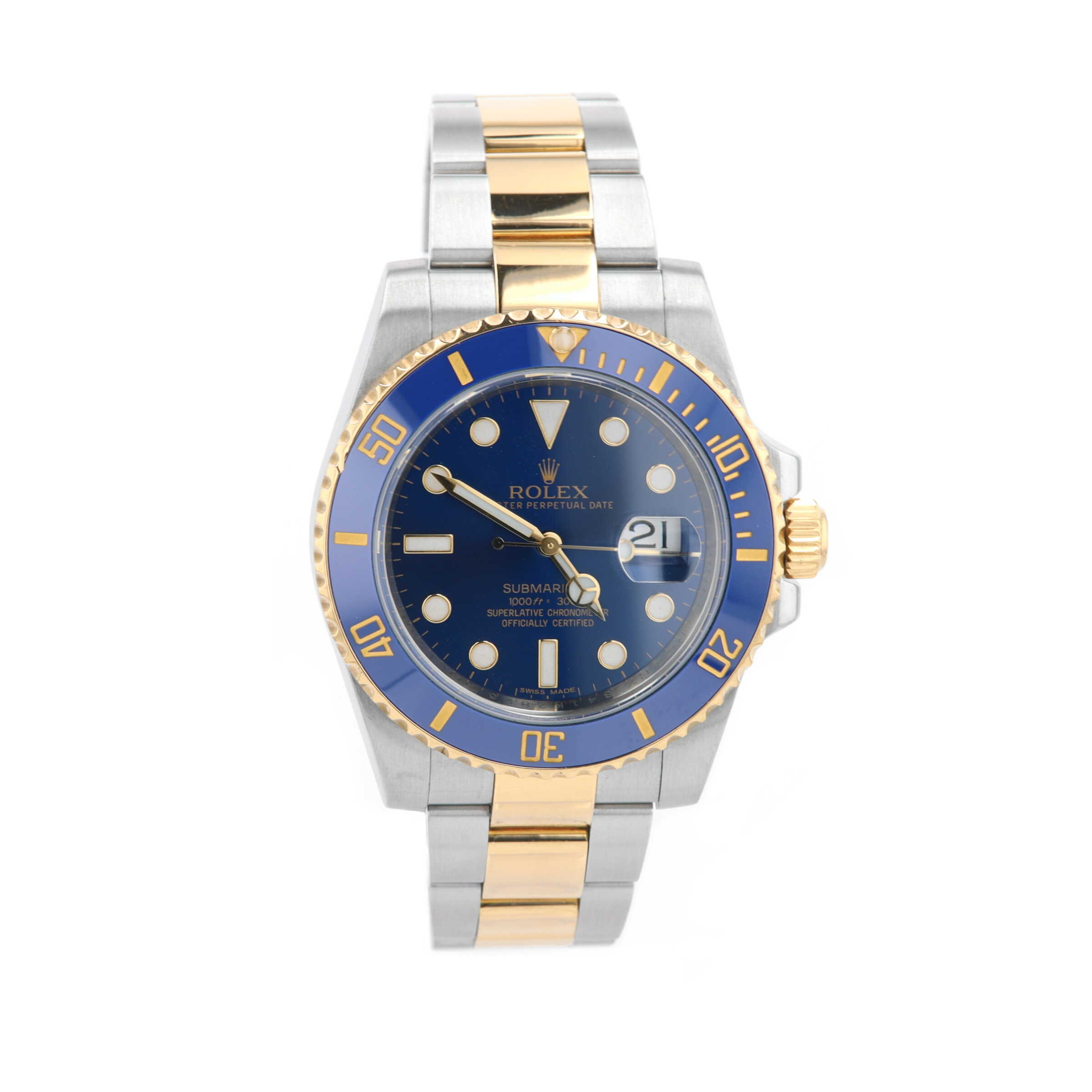 18k Yellow Gold/Sterling Silver Blue Dial & Bezel Ceramic Submariner Rolex Watch-Pre-Owned 