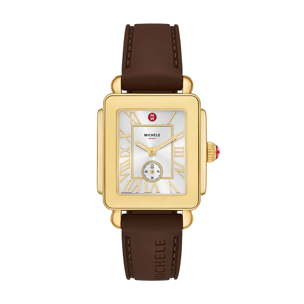 Gold Tone Stainless Steel Roman Indices Silver Face & Brown Silicone Strap Ladies Watch, Michele Deco Sport 
