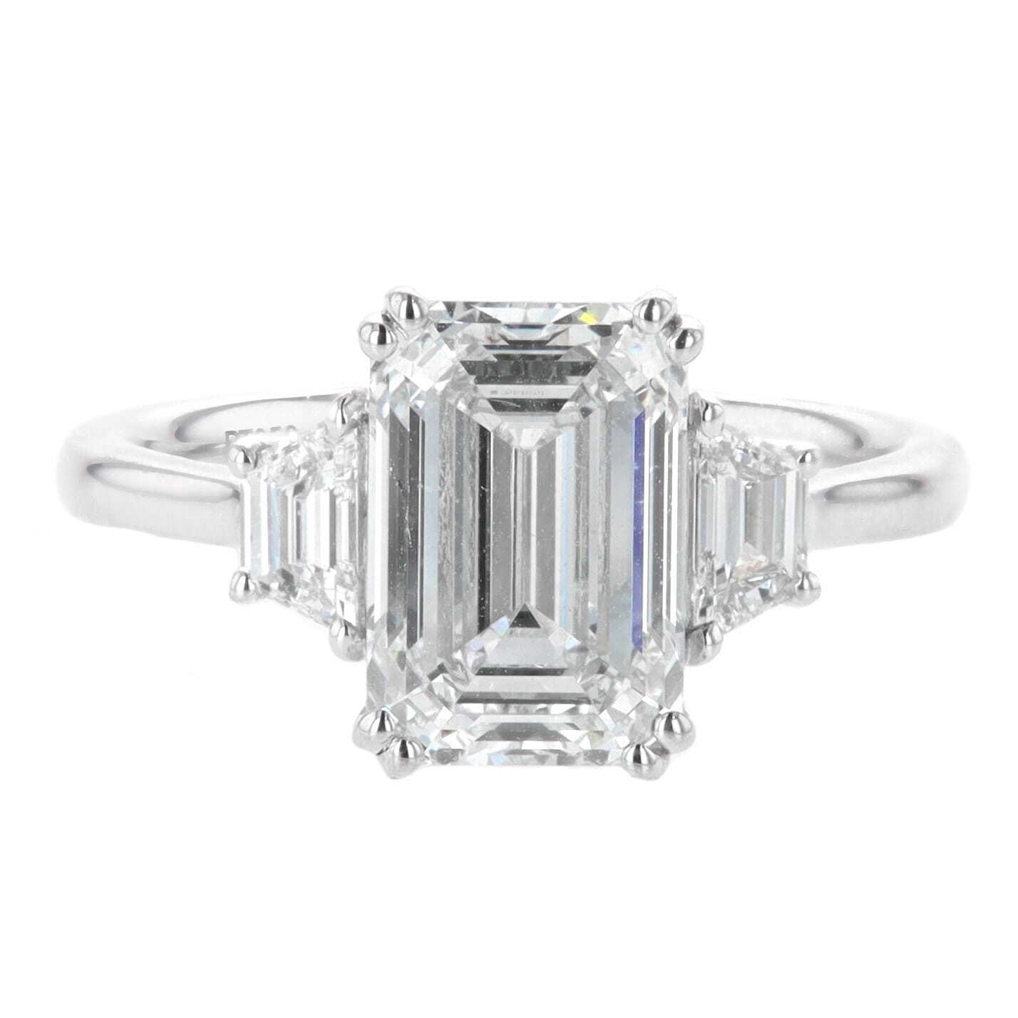 Platinum 3.57 Carat Lab Grown Emerald & Trapezoid Cut Diamond Three Stone Engagement Ring 