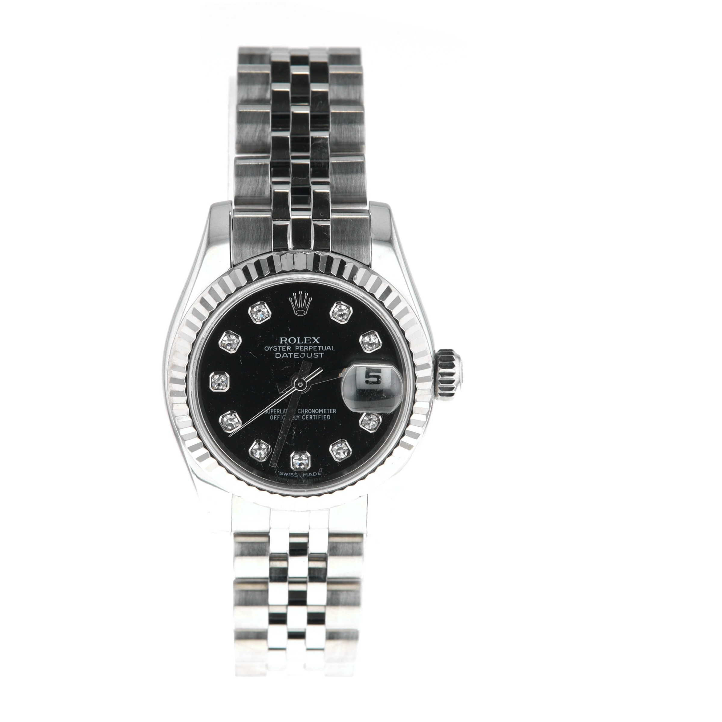 S/S 18k White  Black Dial Fluted Bezel Ladies 2009 Rolex, Pre- Owned 