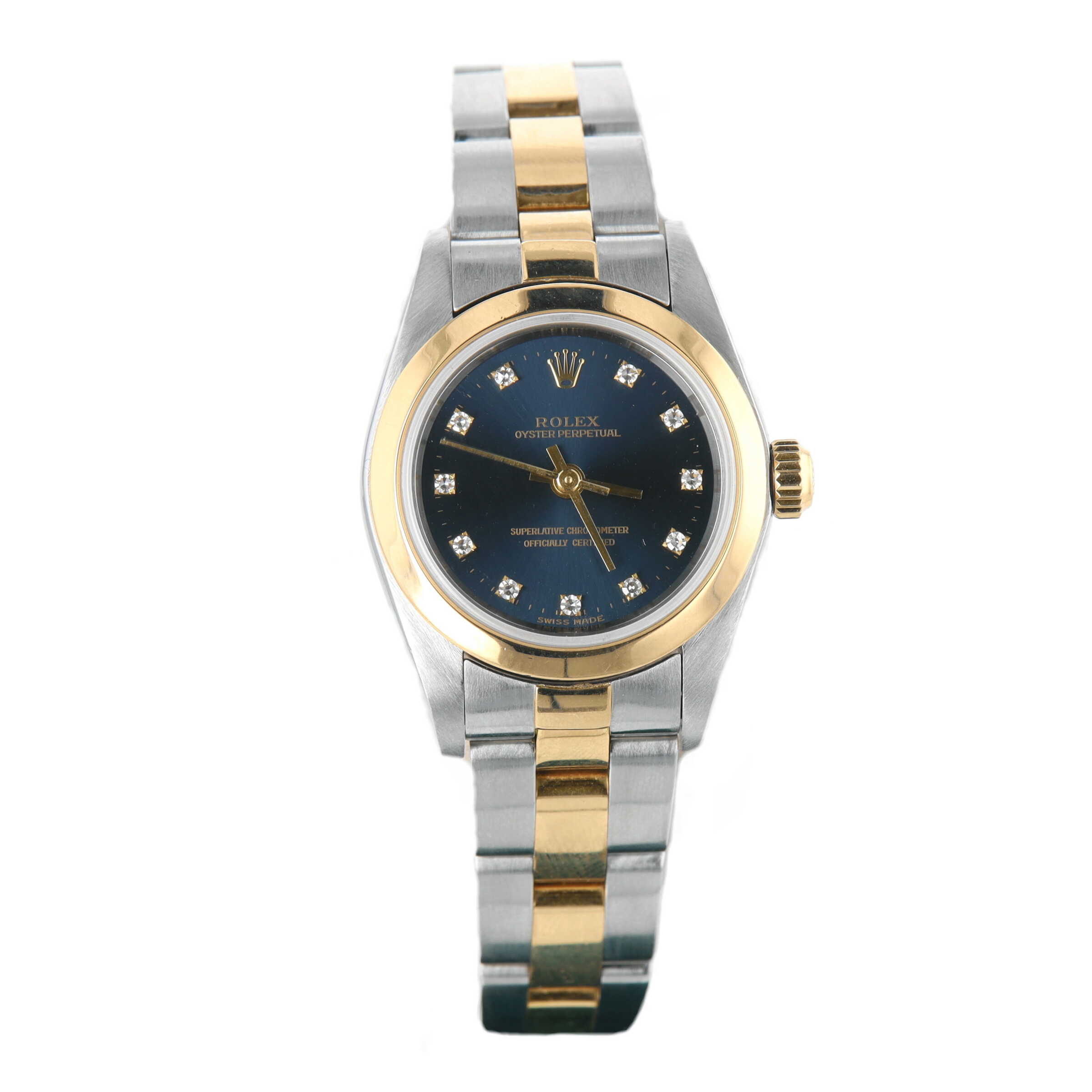 Stainless Steel & 18k Yellow Gold Diamond Blue Dial 2000 Ladies Oyster Perpetual Rolex Watch, Pre-Owned