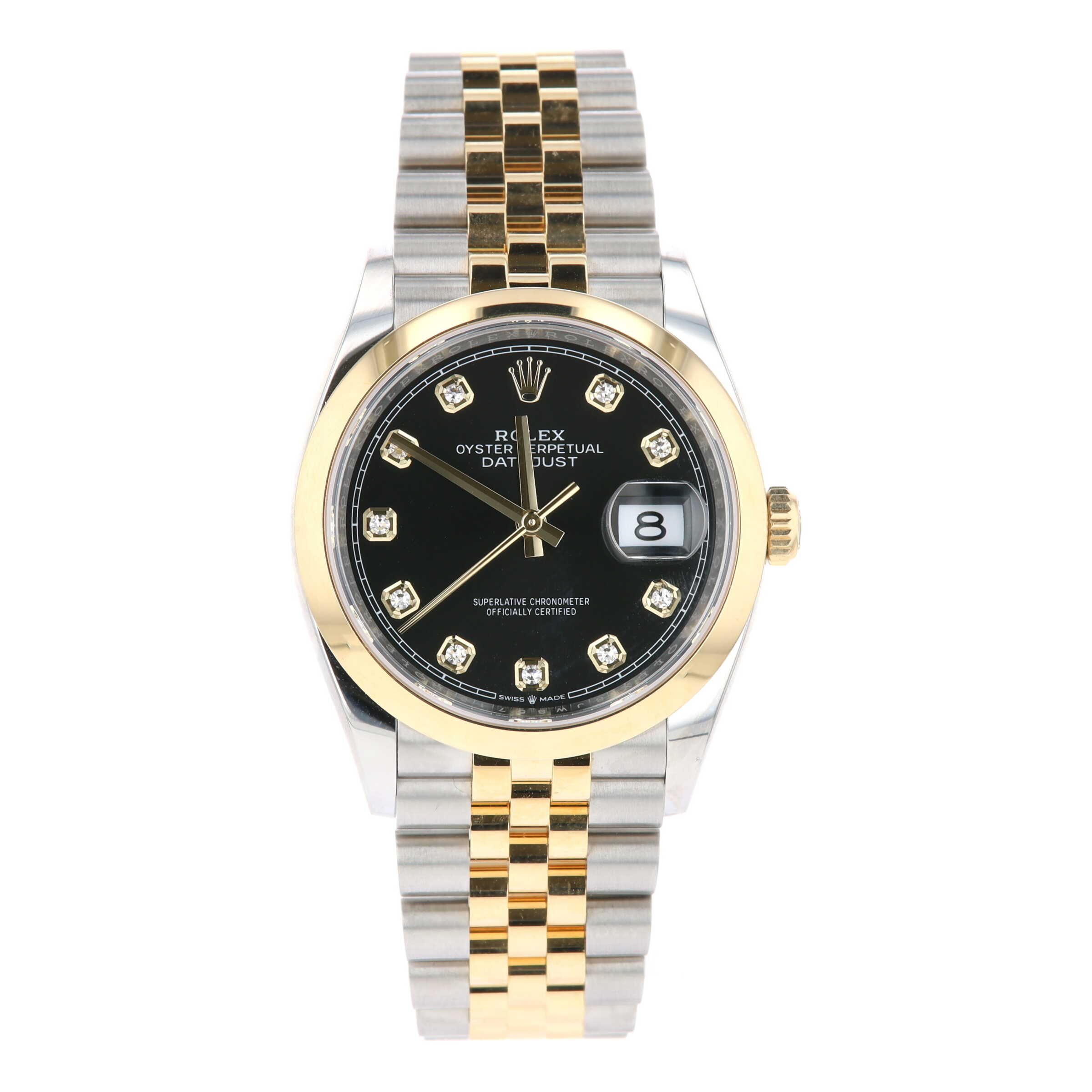 Stainless Steel & 18k Yellow Gold Two-Tone Black Dial Diamond Oyster Perpetual Datejust 2025 Rolex Watch, Pre-Owned 
