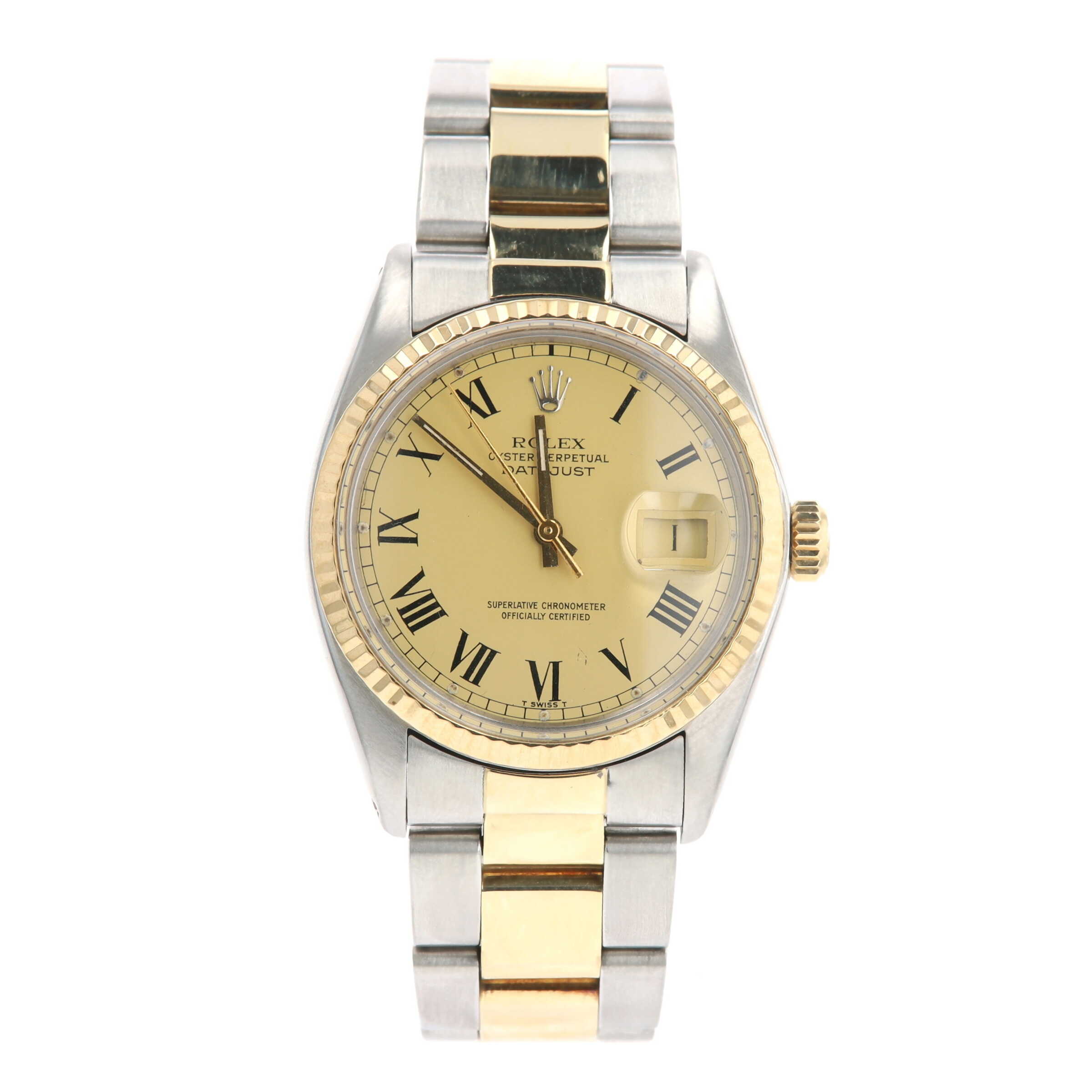 Stainless Steel & 18k Yellow Gold Two-Tone Oyster Perpetual Datejust Fluted Bezel Gold Dial 1978 Rolex Watch, Pre-Owned