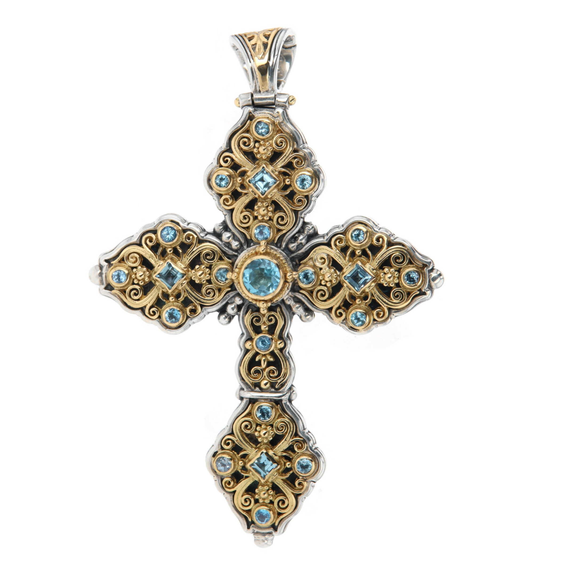Sterling Silver & 18k Yellow Gold Blue Topaz Ornate Large Cross Pendant, Konstantino, Estate 