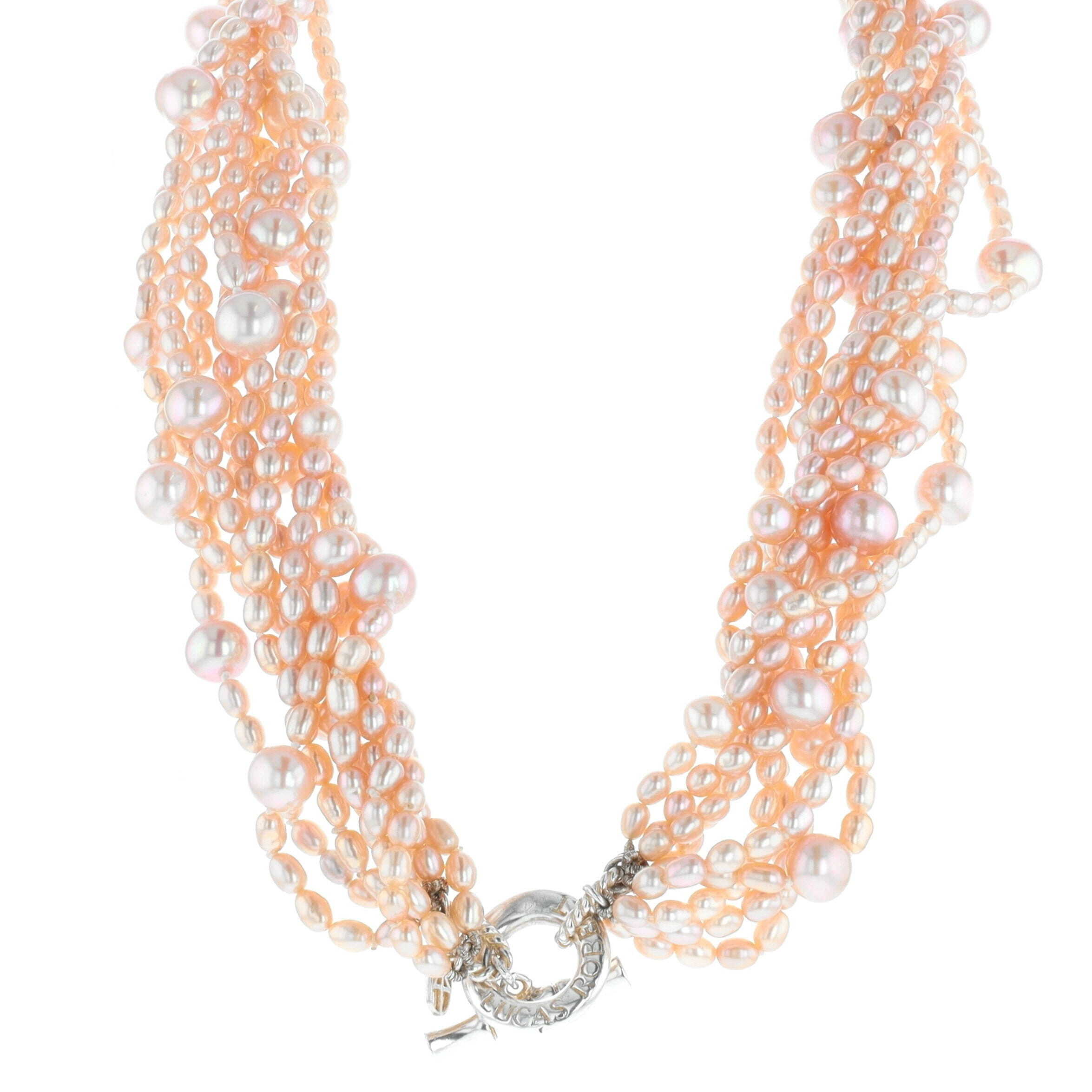 Sterling Silver Nine Strand Multi-Size Pink Pearl 17.5 Inch Necklace, Lucas Roberts 