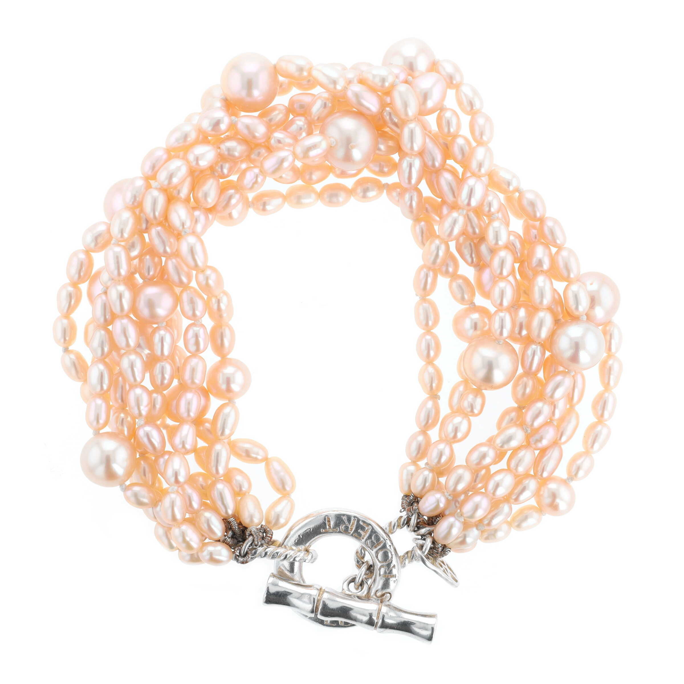 Sterling Silver Nine Strand Multi-Size Pink Pearl Eight Inch Bracelet  