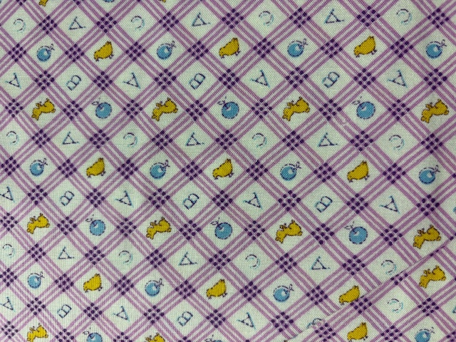 Feedsack Reproduction - ABC with bunnies and chicks on a puple plaid and white