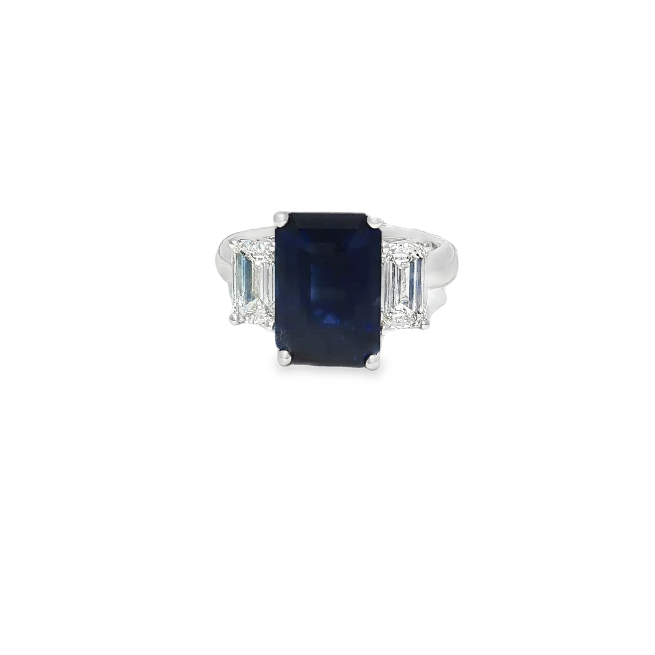 14KW 3 Stone Emerald cut Ring Ceylon Blue Sapphire 7.43CT DIA 1.60CT