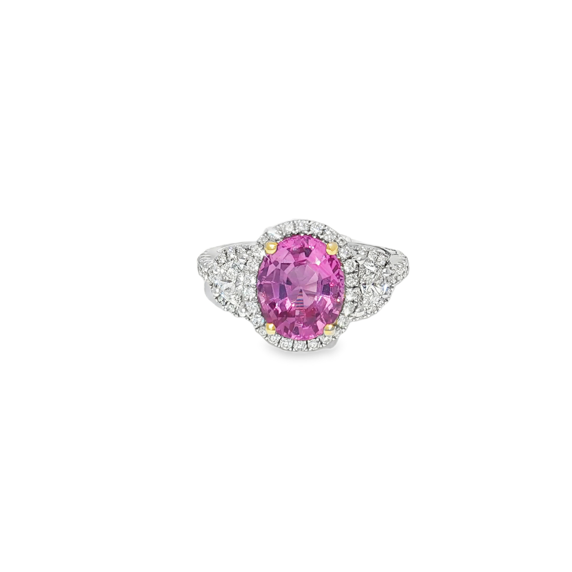 14KW 3 Stone Halo Ring Ceylon Pink Sapphire 3.51CT DIA 0.85CT CDC