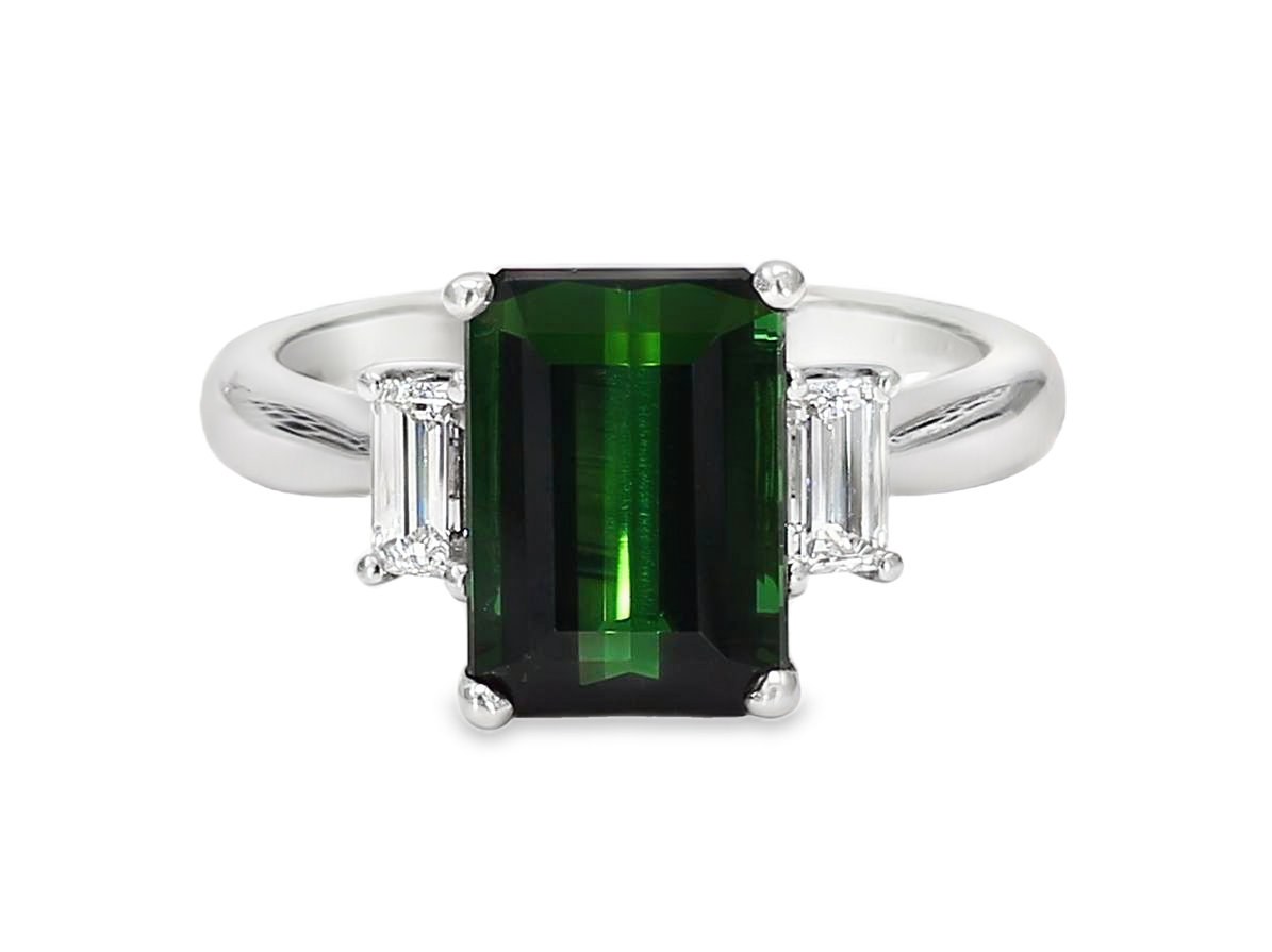 14KW 3 Stone Ring Emerald Cut Green Tourmaline 3.70CT DIA 0.49CT 