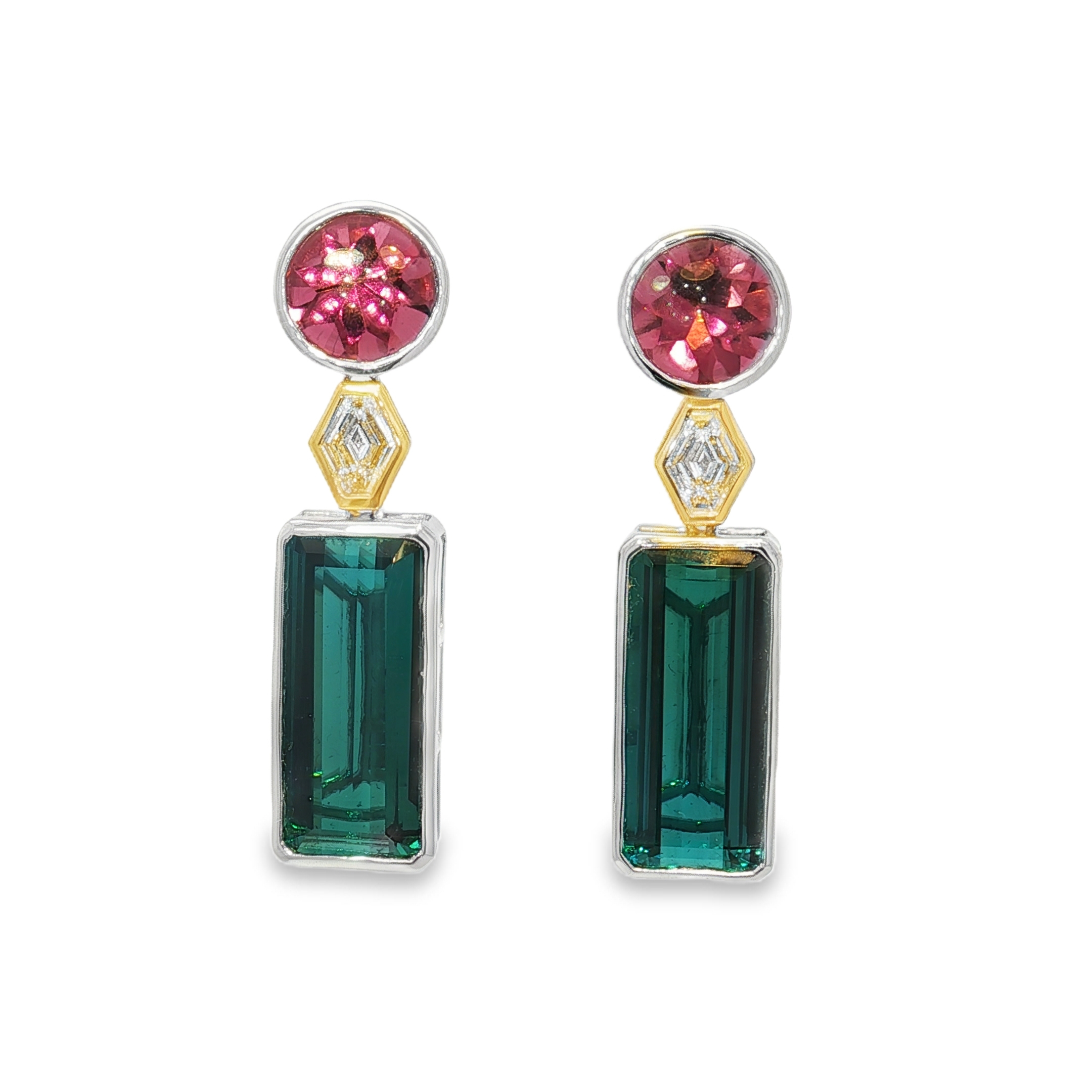 14KW Drop Earrings PINK TOURMALINE 3.16CT BLUE TOURMALINE 10.10CT  DIA 0.42CT