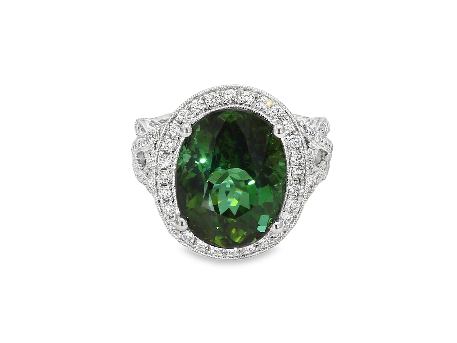 14KW Green Tourmaline Oval Halo Vintage Style Ring Tourmaline 11.52CT DIA 0.77CT