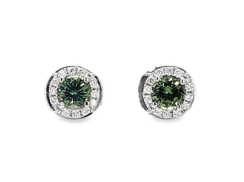 14KW Halo Green Sapphire Earrings Green Sapphire 0.69CT DIA 0.10CT UNHEATED 