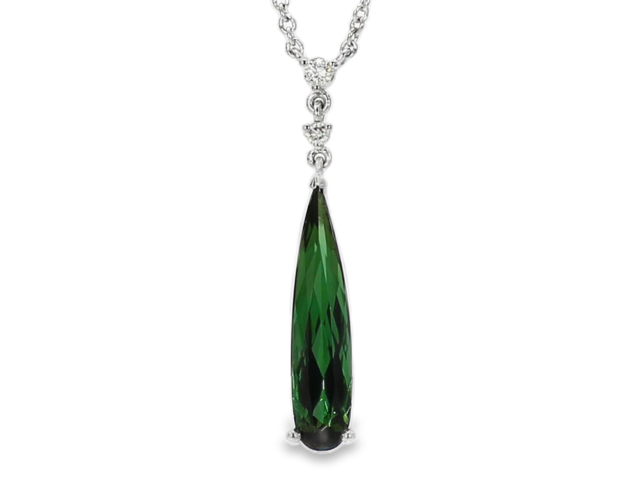 14KW Hanging Long Green Tourmaline Pendant Pear Shape Tourmaline 1.44CT DIA 0.04CT