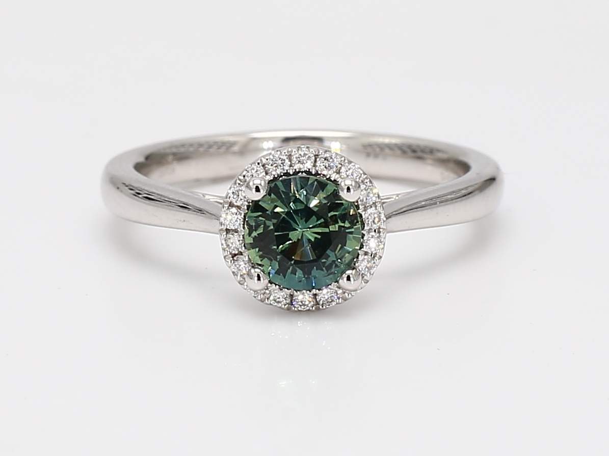 14KW Unheated Teal Sapphire Halo Ring Round Teal Sapphire 0.86CT DIA 0.09CT