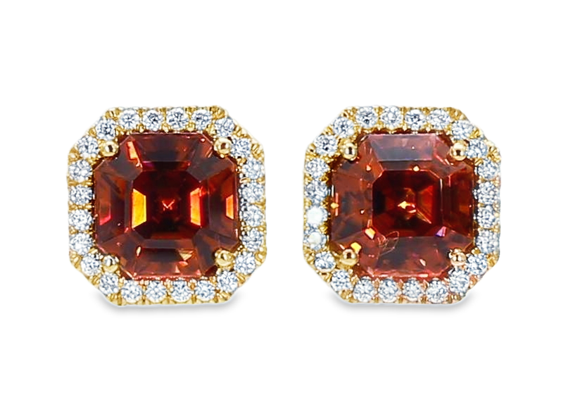 14KY Asscher Cut Orange Zircon Halo Earrings Orange Zircon 4.82CT DIA 0.24CT