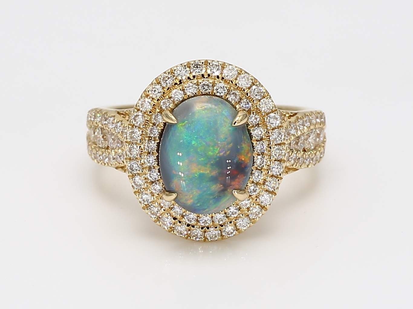 14KY Double Halo Black Opal Ring Oval Black Opal 2.25CT DIA 0.84CT