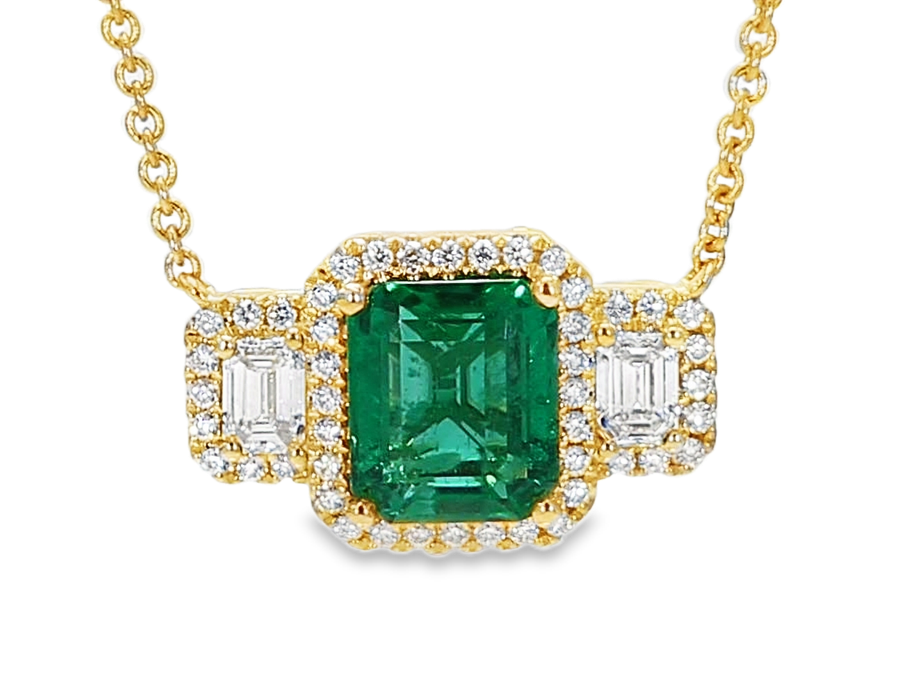 14KY Green Emerald 3 Stone Halo Pendant Emerald Cut Emerald 2.06CT DIA 0.81CT 