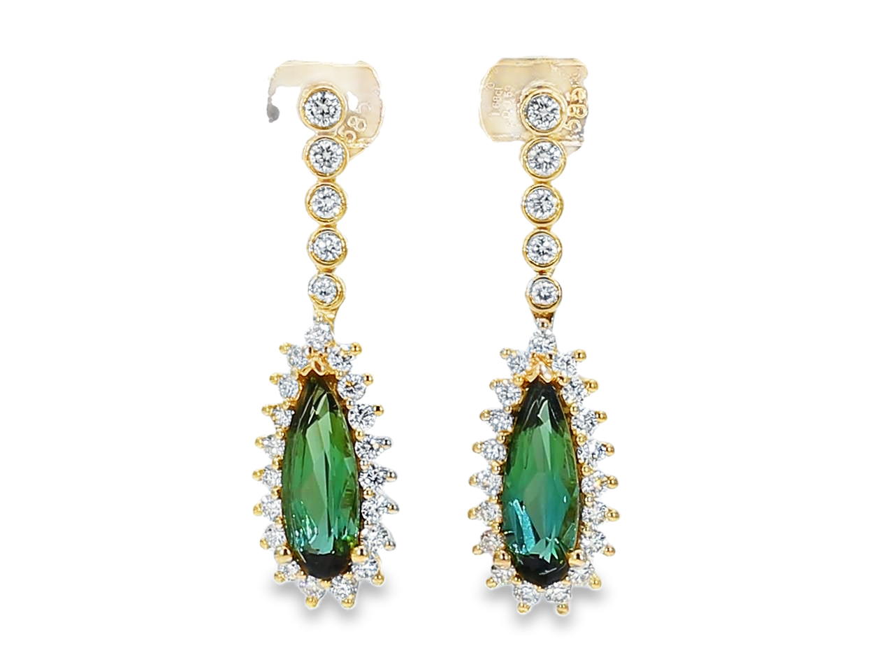 14KY Green Tourmaline Drop Halo Earrings Pear Shape Green Tourmaline 1.68CT DIA 0.59CT 