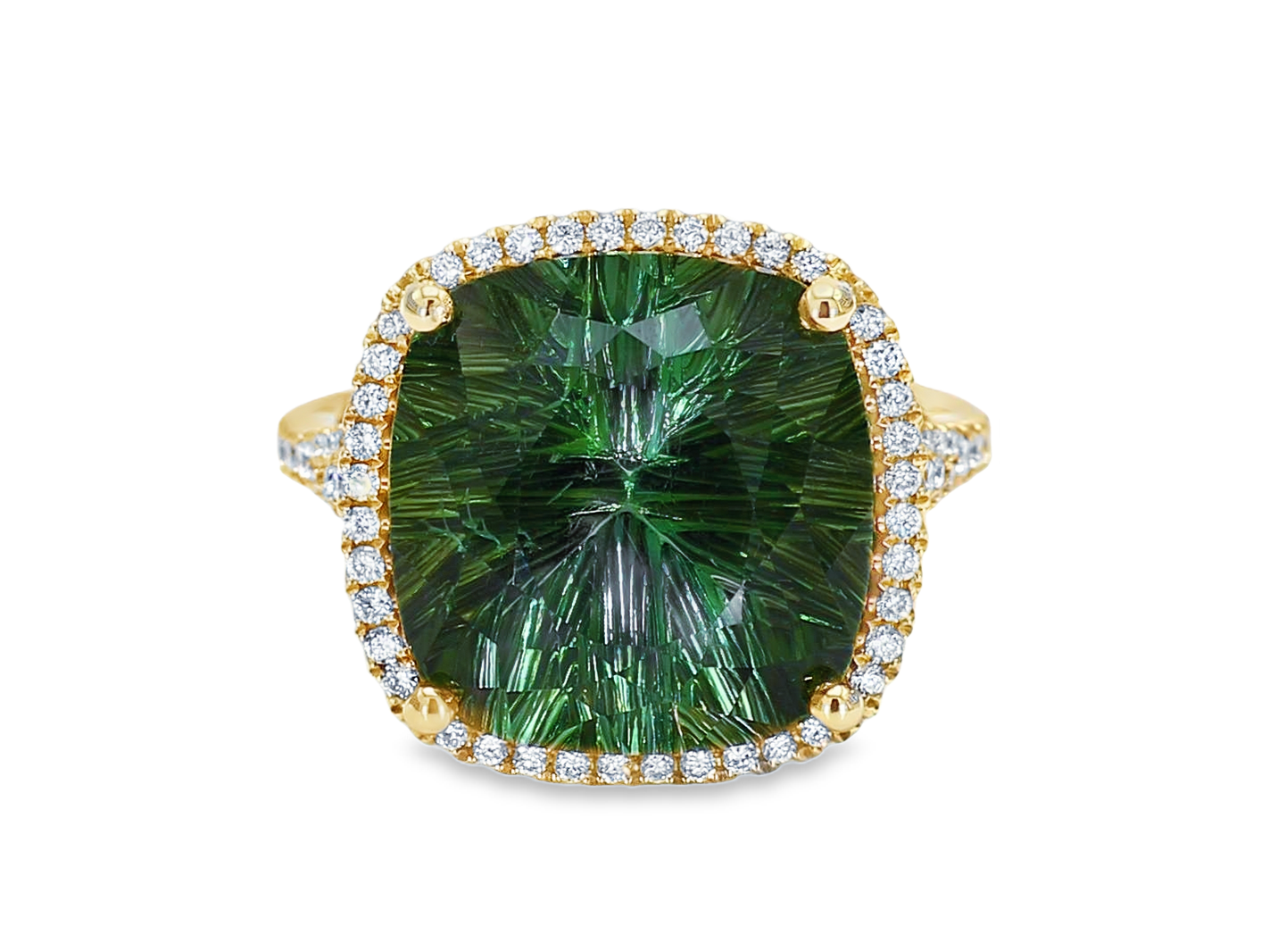 14KY Special Cut Cushion Green Tourmaline Halo Ring Tourmaline 13.97CT DIA 0.54CT