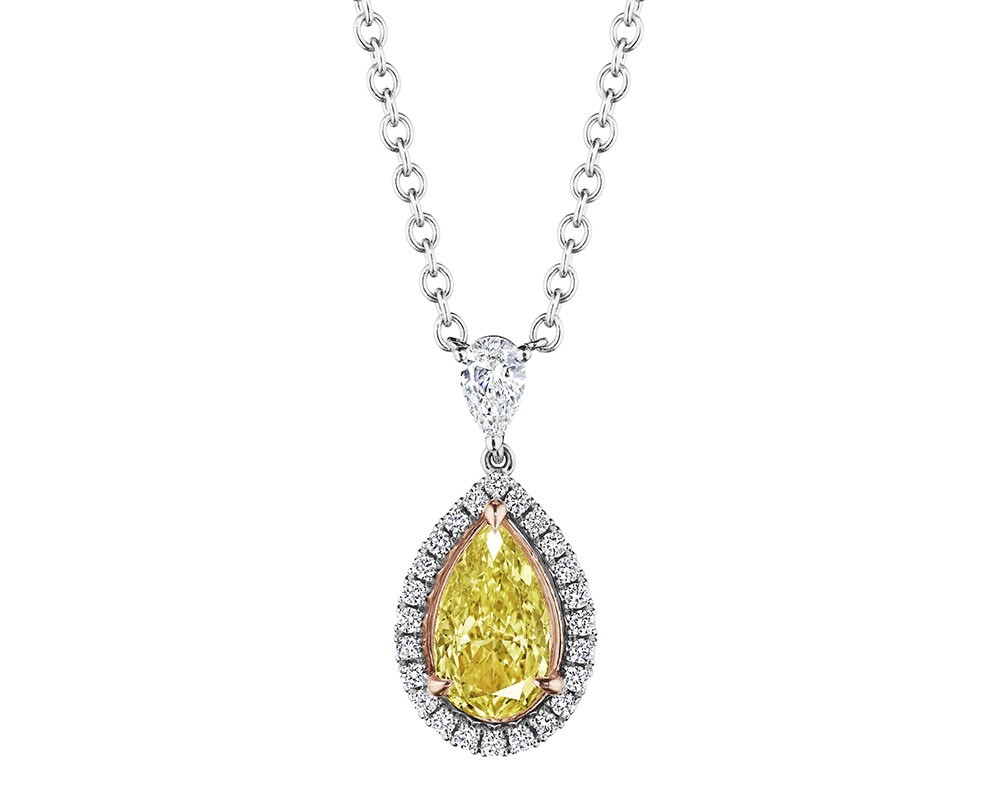 18KWR Yellow Pear Shape Diamond Halo Pendant Yellow PS 1.51CT DIA 0.45CT U-V SI2 GIA 