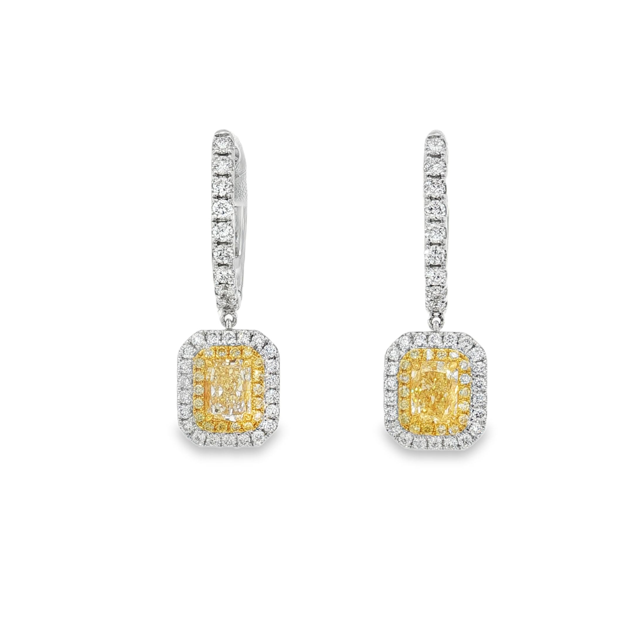 18KWY Double Halo Drop Earrings Rad Yellow Diamond 1.48CT DIA 0.66CT 