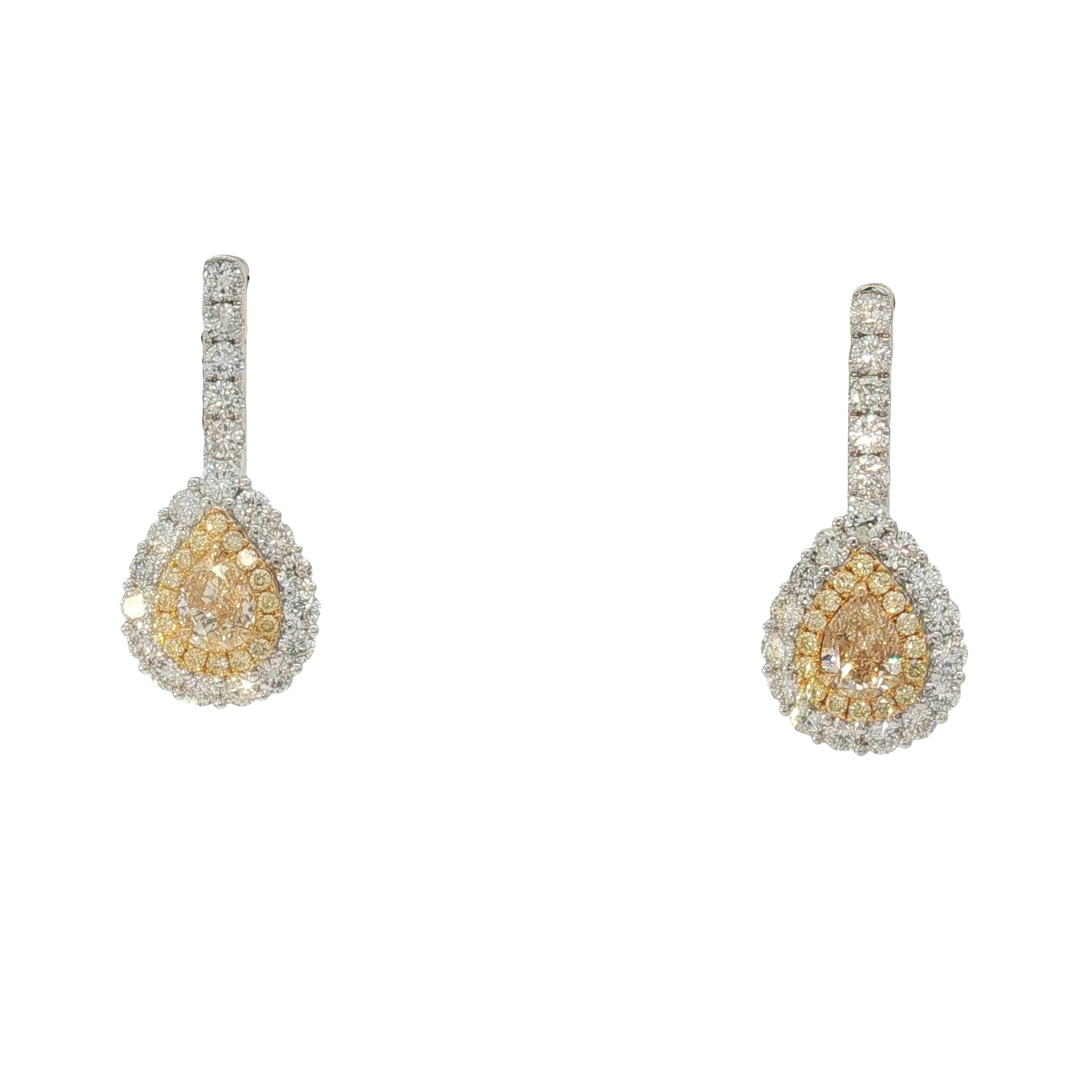 18KWY Double Halo Drop Pear Shape Earrings PS Yellow Diamonds 1.27CT DIA 1.69CT