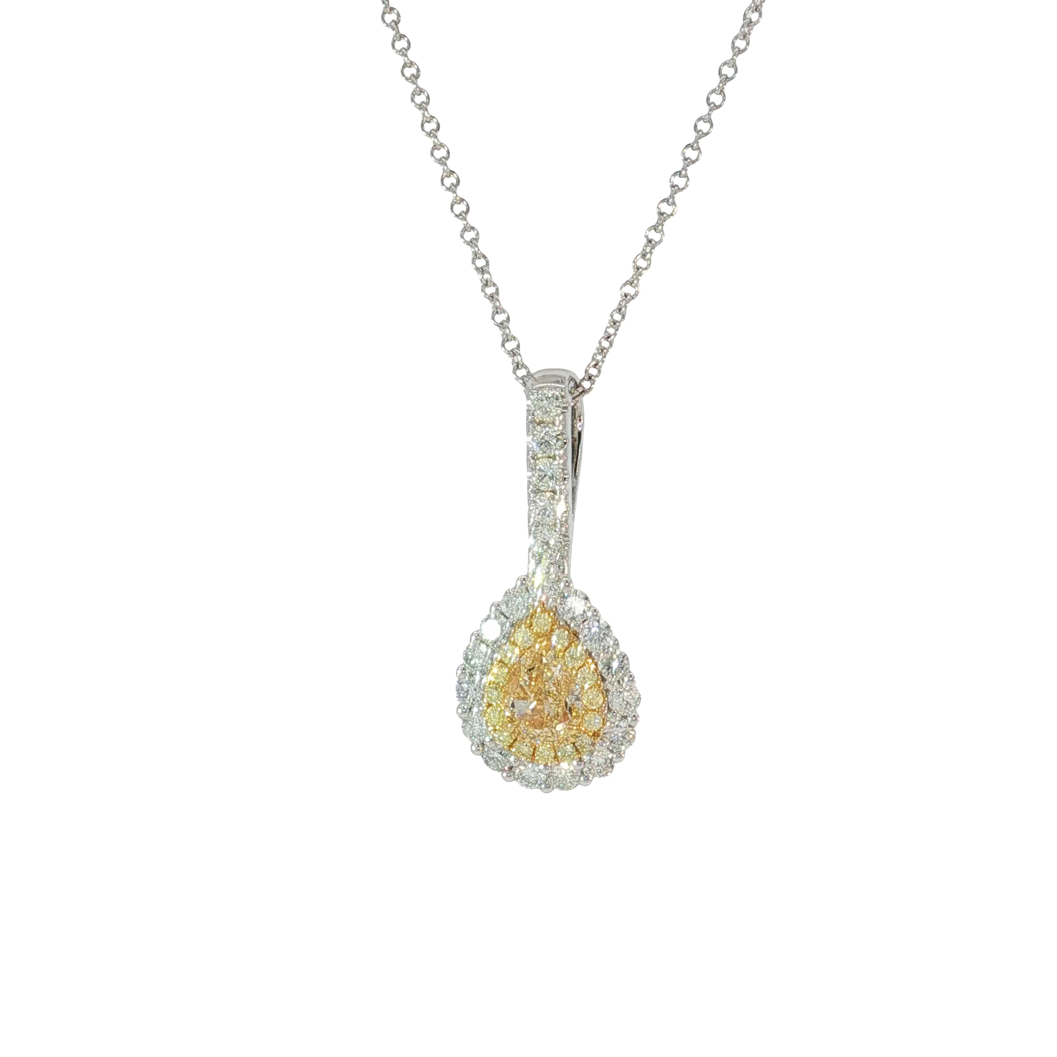 18KWY Double Halo Drop Pear Shape Pendant PS Yellow Diamonds 0.77CT DIA 0.75CT