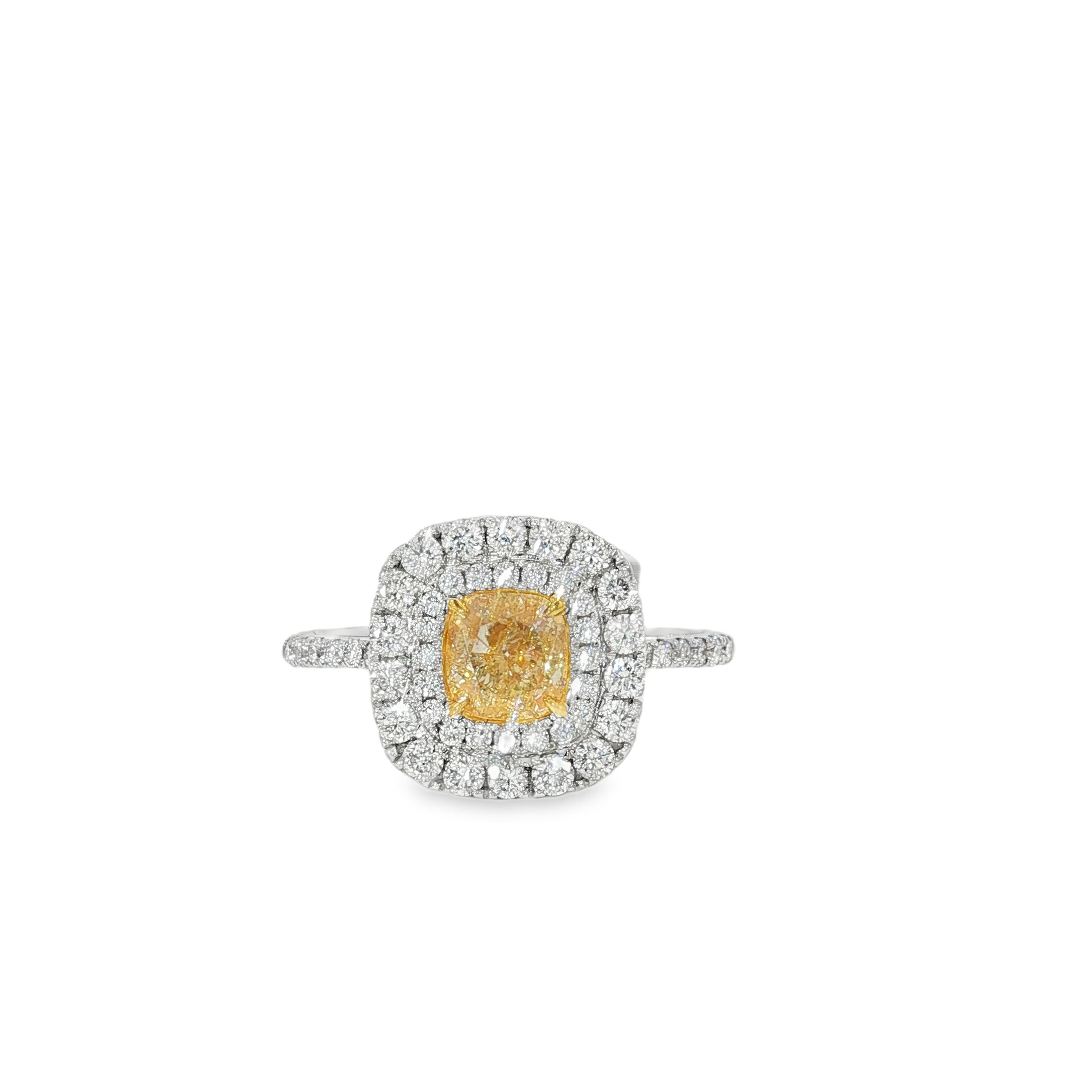 18KWY Double Halo Engagement Ring Cushion Yellow Diamond 0.85CT DIA 0.57CT SI1