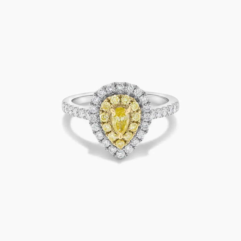 18KWY Double Halo Engagement Ring Fancy Yellow Pear Shape 0.22CT DIA 0.56CT